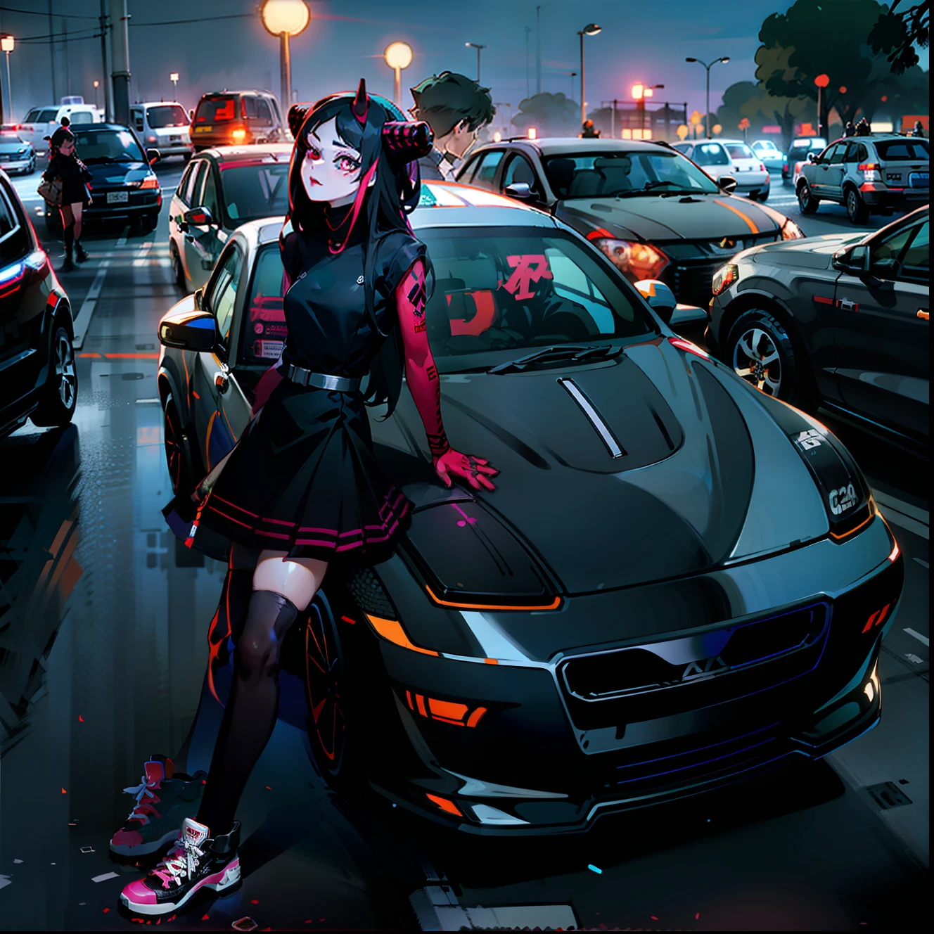 An Arad woman in a black dress stands in the car, at the parking lot, soft devil queen madison beer, wearing japanese techwear, wearing cyberpunk streetwear, Anime girl in real life, cruel korean goth girl, cyberpunk streetwear, mall goth, goth girl aesthetic, standing in a parking lot, She is seen wearing streetwear pieces, she looks like a mix of grimes