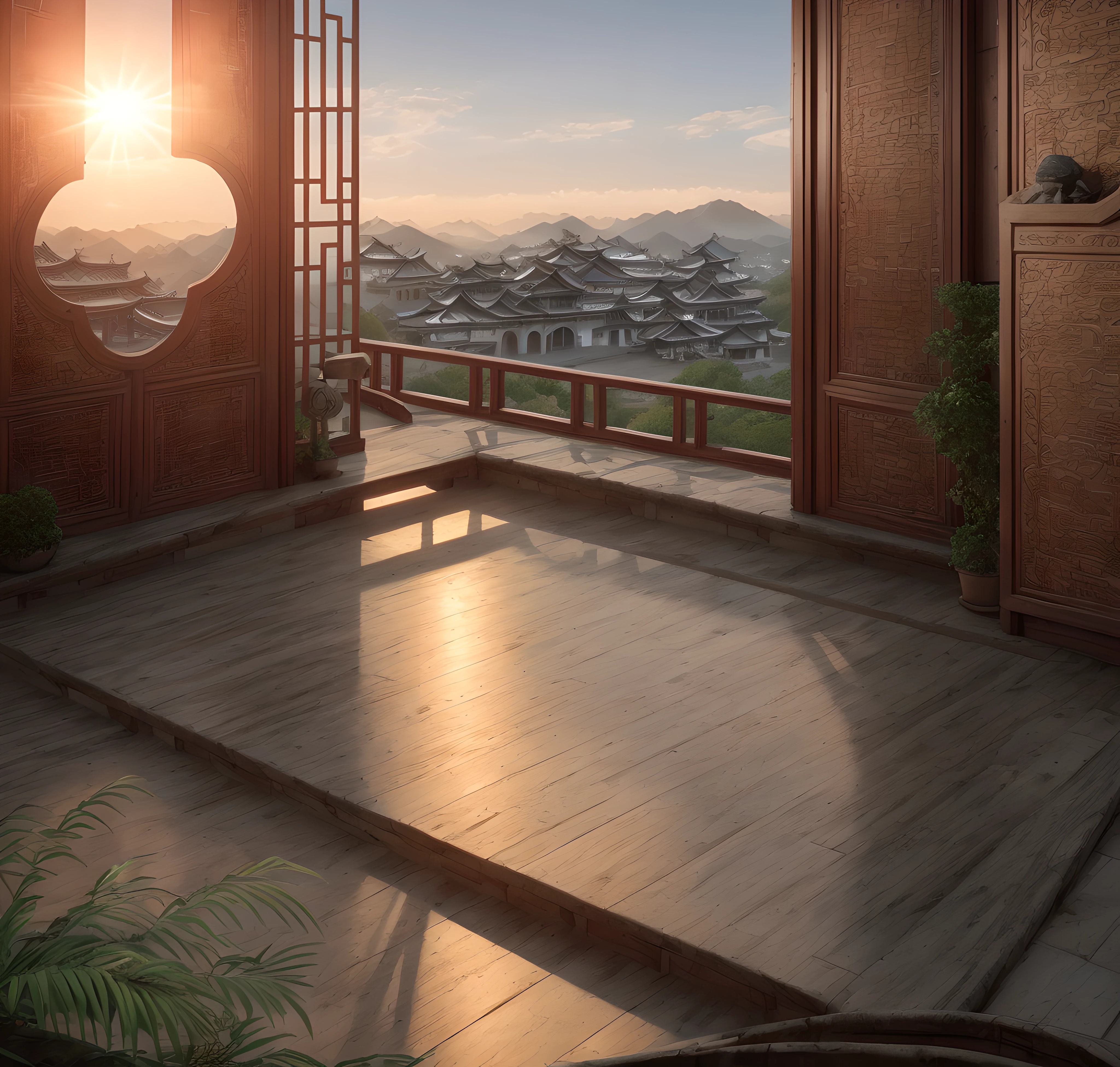 sun rising,Bright scene,real rendering,Not a night view,Best quality at best,highly detailed,tmasterpiece,ultra - detailed,Extremely detailed CG unifies 8K, 8K, There are fans on the walls,tmasterpiece,best qualityer,Chinese martial arts style, tmasterpiece, best qualtiy, high qulity, high detal, super detailing, A high resolution, hyper HD,Complete and unified,without humans,No animals,ARAFED view,a lot of lights on the buildings,dreamy Chinese towns,Chinese village,Amazing wallpapers,A Japanese town,Japanese village,surreal photo of a small town,old asian village,Japan city,Cyberpunk ancient Chinese castle, Beautiful building, Beautiful and aesthetic, photography of, cinematic ligh, 8K, high detal,The overall material is marble