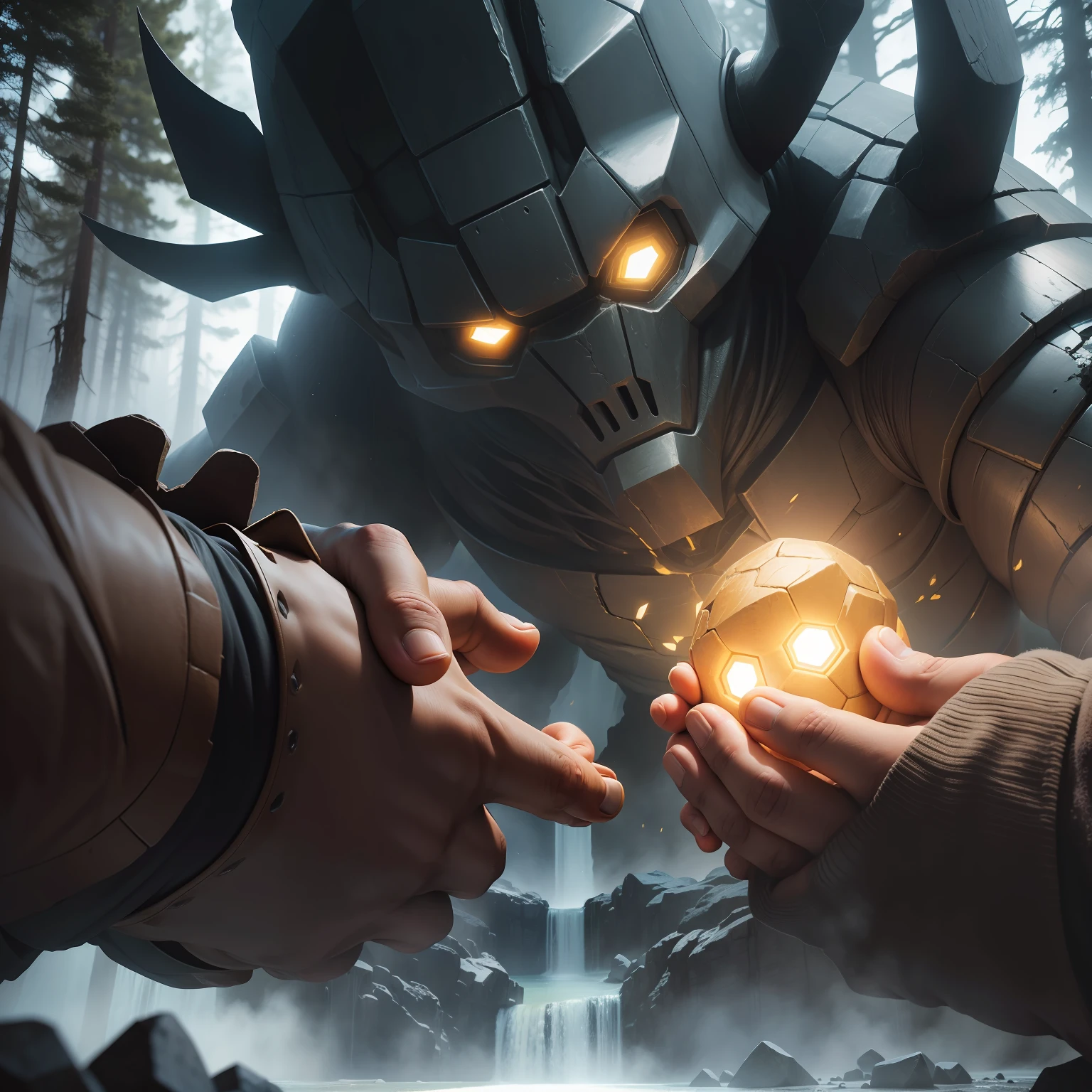 1 golem de metal grande forte ((shaking hands)) || toguro 1 Ent of giant tree com a ((tight hand)) em yellowstone park