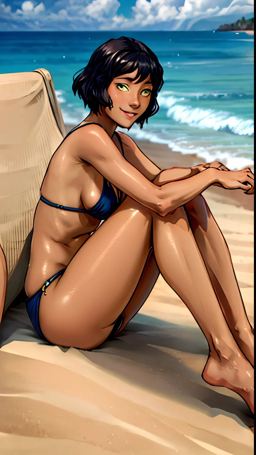 masterpiece, best quality, 1girl, OpalTLOK, green eyes, smile, sitting, feet up, soles, ass, beach, ocean, sand,