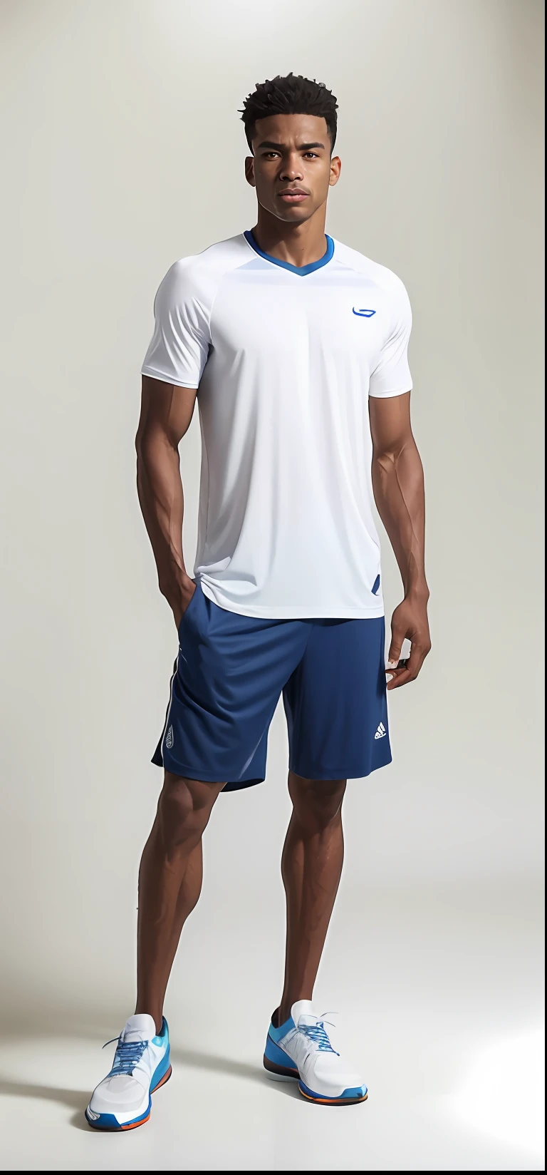 A skinny athletic man in a white shirt and blue shorts standing, pele bronzeada uma camiseta e shorts, vestindo bermuda e camiseta, athletic shorts, Homem de Branco Camisa, sport shorts, vestindo shorts, navy blue shorts, vestindo uma camiseta, Bermuda, vestido com uma camiseta branca, com dois bolsos frontais, tennis wear, Directed by: Lee Jeffries
