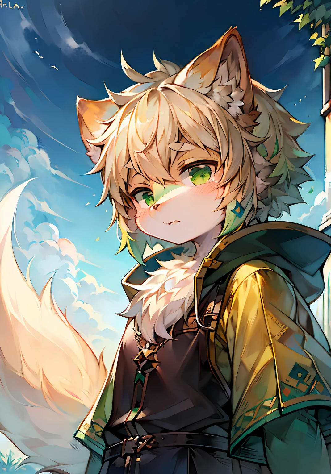 Masterpiece,High quality,abstract res,Digital painting\(artwork of a\), author：BrukkiGunar, Yupa,Kiyosan,(anthro,Fluffy fur,Character focus:1.1),anthro male cat,Portrait , eyes with brightness, in a panoramic view, Character focus.(detailedbackground:0.7), 独奏, shaggy, shaggy male, ,malefocus, Robust,Strong anthrax(Full Body Furry, It has a fluffy tail，With a green pattern, White fur, Dark green eyes), (Long felines、Dark green ears、Beige tail、It has a light green smoky pattern on its body、Beige hair， The tail has a dark green pattern），（External、In the daytime、clear skies）