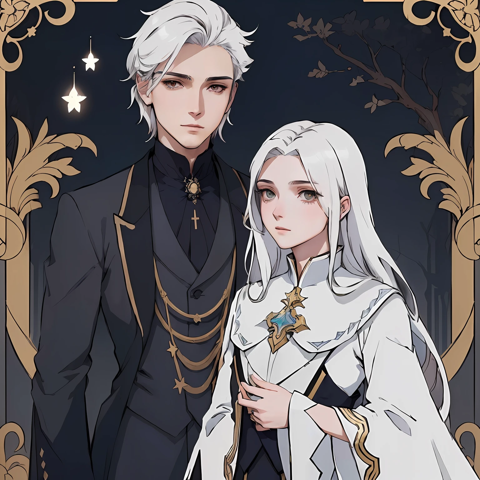 Anime - imagem de estilo de um homem e uma mulher vestidos de branco, Edmund Blair e Charlie Bowater, fanart detalhado, fanart requintada altamente detalhada, fanart oficial, anime em estilo fantasia, cabelos brancos, Sirius A e Sirius B, estilo de arte arcano, Beautiful androgynous prince, ambos vestindo roupas vitorianas, dressed like a cleric, Arte Oficial