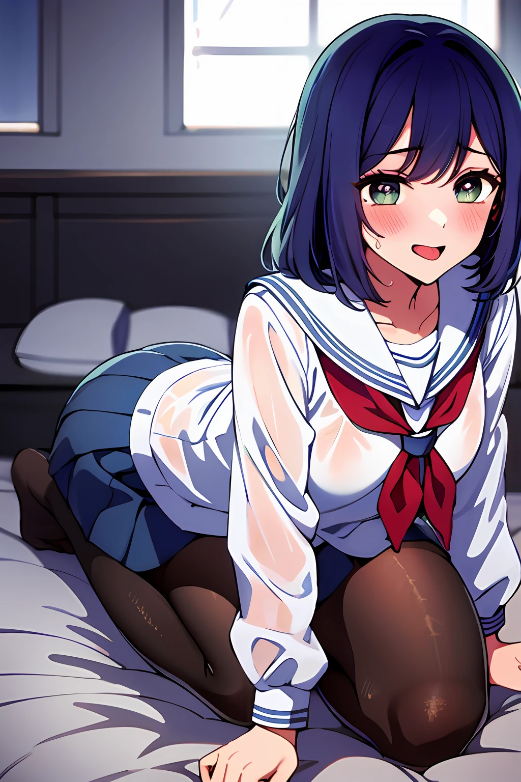 tmasterpiece， high high quality， 8K， beautiful light up， 1girll， 独奏， akane，JK school uniform， sitted， Bedrooms，heart - shaped pupils，full face blush，steamy，sweat leggs，Love to fight，and the tongue sticks out，embarressed，Behold the，wetclothes，tmasterpiece，Best quality at best，