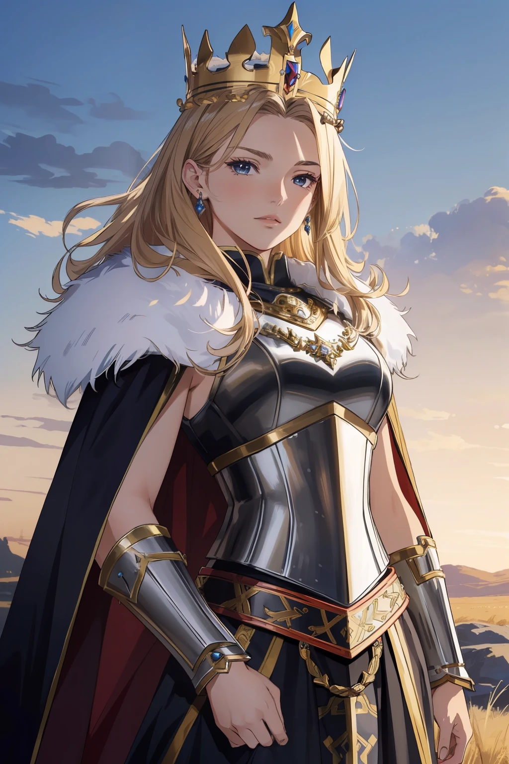 (masterpiece, top quality, best quality, official art, beautiful and aesthetic:1.2), (1girl), (warrior queen armor, fur-lined cape, jeweled crown:1.2),serious