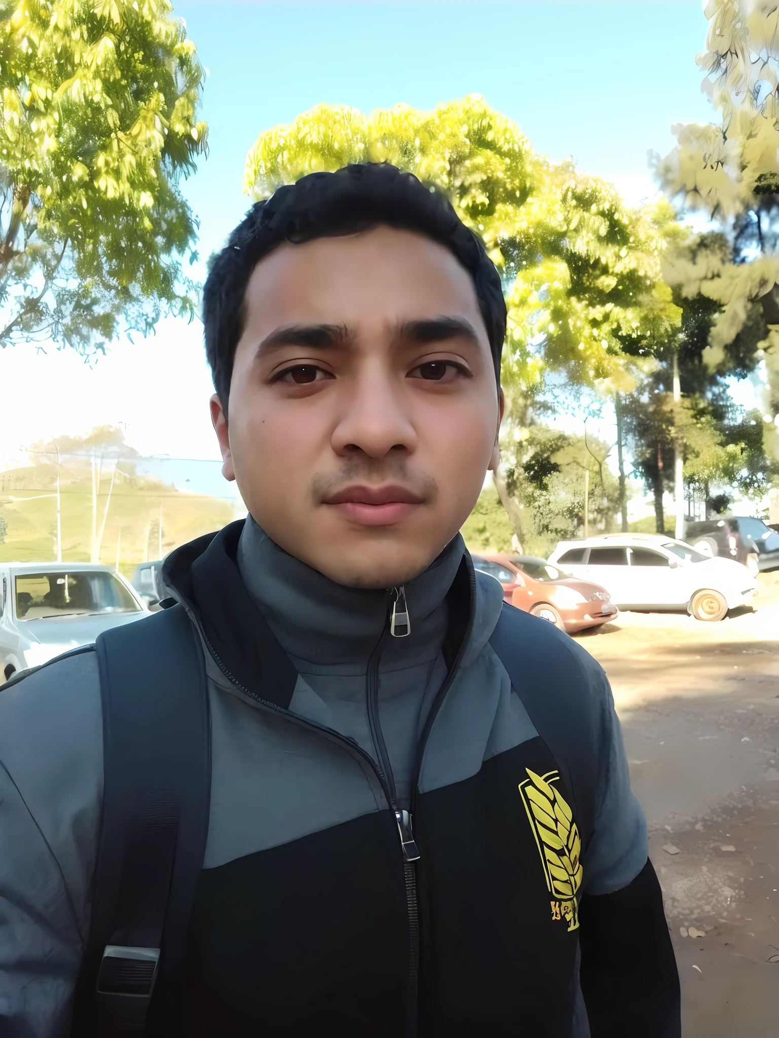 arafed man with a backpack standing in a parking lot, with accurate face, ismail, taken at golden hour, potrait, portait photo profile picture, taken in the early 2020s, south east asian with round face, profile picture, 2 7 years old, around 1 9 years old, headshot profile picture, foto