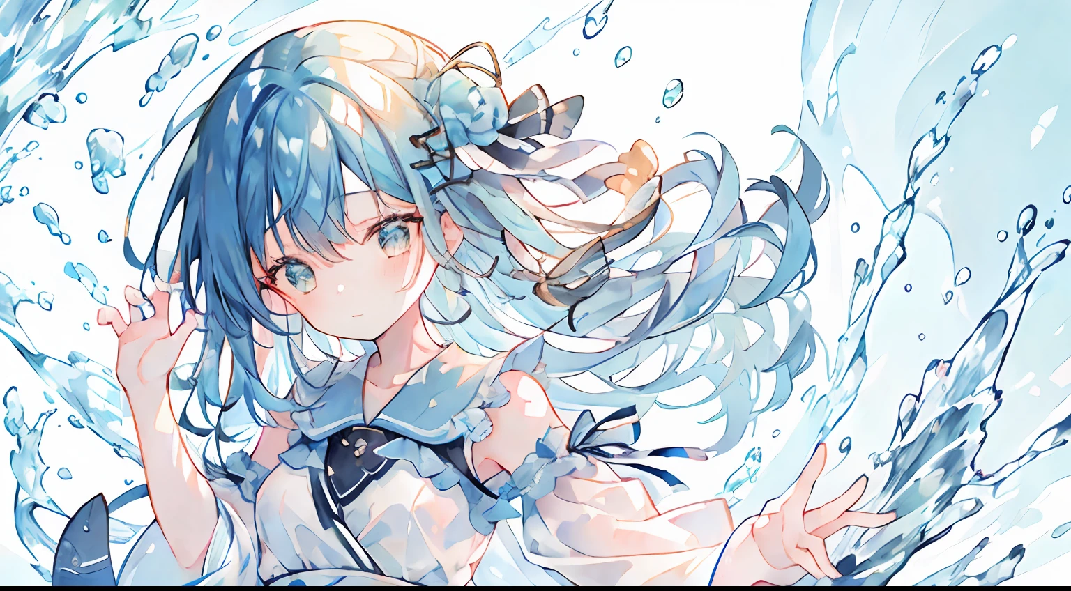 One girl、blue hairs、Eau、summer dress、water background、under the water、Extend your hand、masterpiece、top-quality、Top image quality、cute little、cool、ren