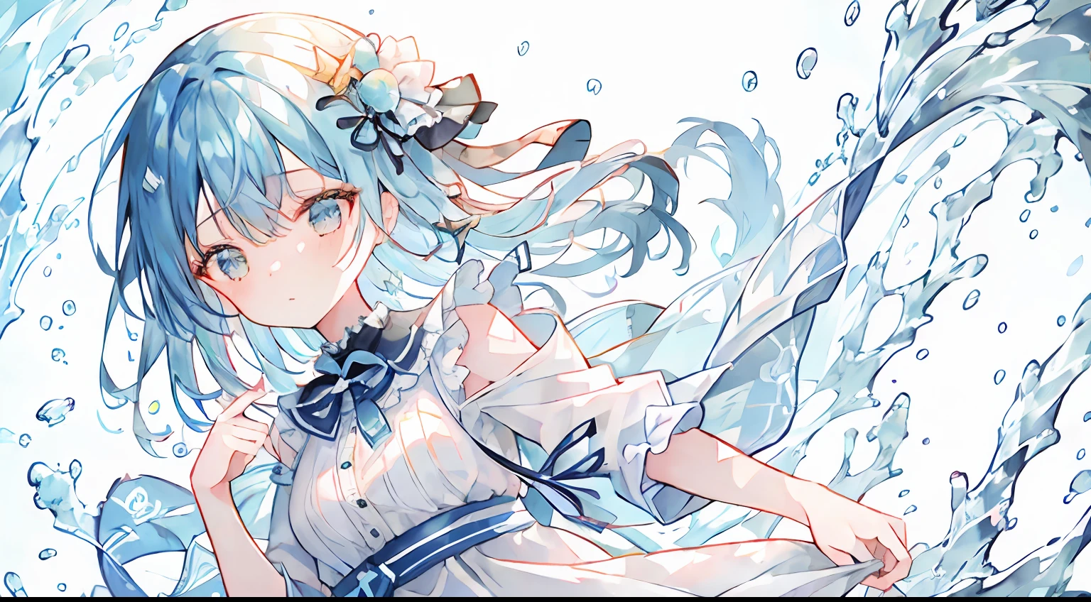 One girl、blue hairs、Eau、summer dress、water background、under the water、Extend your hand、masterpiece、top-quality、Top image quality、cute little、cool、ren