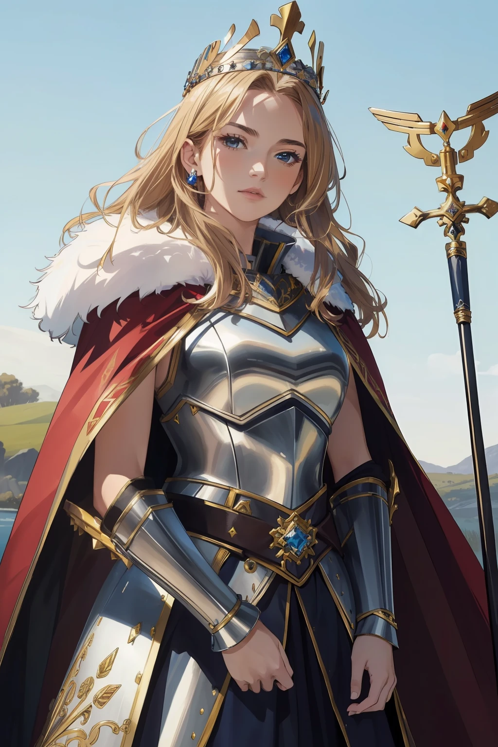 (masterpiece, top quality, best quality, official art, beautiful and aesthetic:1.2), (1girl), (warrior queen armor, fur-lined cape, jeweled crown:1.2),serious