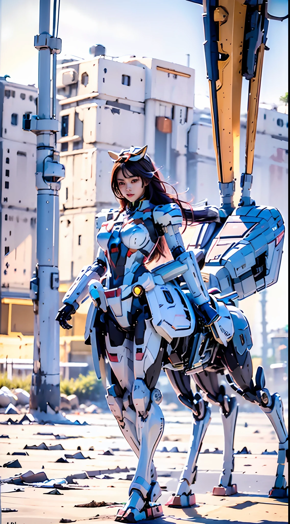 In the center of the ultra-wide-angle lens, the beautifully and ethereal mechanical centaur queen deploys her wings on the ionosphere to make a jump。The upper body of the Mechanical Centaur Empress is a sexy body with obvious feminine characteristics，The lower body is a mechanical part with a horse-like torso with streamlined sexy lines。Use Midjourney's advanced stroke tools and color palettes, as well as texture packs, model packs, texture tools，Concentration，Let the Mechanical Centaur Empress have harmonious moving lines，And the mechanical light wings of the mechanical Empress Satyr are plated with a unique space glow，The halo crown on the head of the mechanical centaur queen casts light casting neon，Let her be majestic，Add intricate textures and models to the Mechanical Centaur Empress, giving the real body soft and sexy lines and an authentic texture，Let the legs in the shape of horse legs be graceful and slender，Giving the Mechanical Centaur Empress a sexy and touching K-cup teardrop-shaped giant tit, the huge texture and real oil shine that exudes the restraints。With Midjourney's advanced brush tools and palettes and strokes, experiment with different models and materials to create a grand, epic look at your scene，Let the mechanical centaur queen be toned and elegant and ethereal，Clearly display the fallen enemy wreckage and the surface of the moon against the background of the starry sky。Use Midjourney's powerful tools，You can bring this magnificent and futuristic scene to life with incredible detail and beauty。 hdr，（真实感，Masterpiece quality，best qualtiy），，pureerosface_v1，ulzzang-6500-v1.1