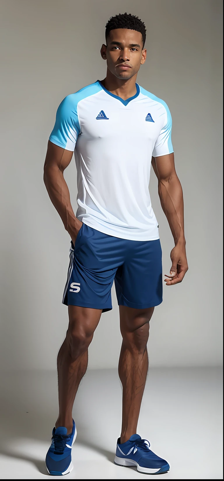 Um homem (loiro sueco) Atletico slim in white shirt and blue shorts standing, pele bronzeada uma camiseta e shorts, vestindo bermuda e camiseta, athletic shorts, Homem de Branco Camisa, sport shorts, vestindo shorts, navy blue shorts, vestindo uma camiseta, Bermudas, vestido com uma camiseta branca, com dois bolsos frontais, tennis wear, Directed by: Lee Jeffries