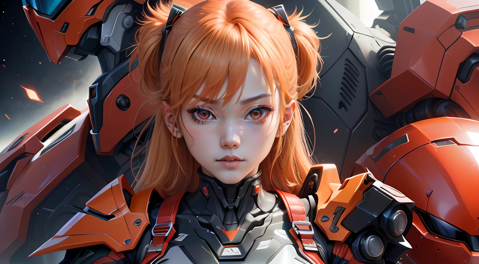 asuka，Shin Evangelion，Machinary，the space，Mechanical Warframe，combats，facial closeups，red combat clothes，Blonde hair。