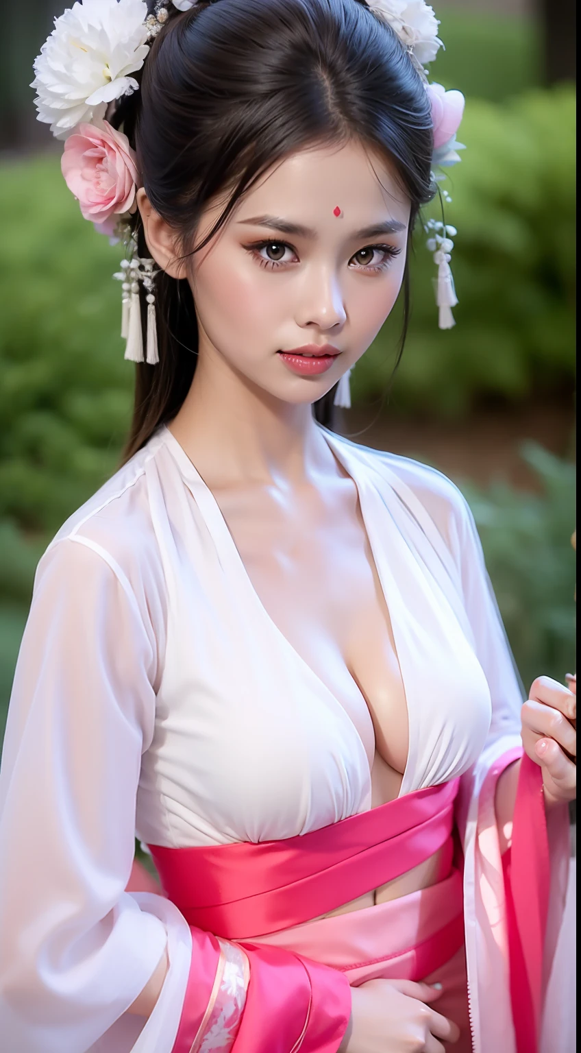 Fashion model 16 years old [[[[closeup cleavage]]]], [[[[boobgasm]]]], [[[[coll]]]], [[[[bshoulders]]]], perfect  eyes, Perfect iris，perfect lips，perfect teeth，Perfect skin，Long face，HDR，red attire，white apparel，Pink clothing，White or pink flowers on the background，（pastel colour：1.2）