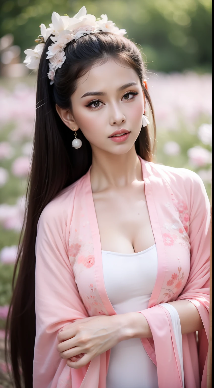 Fashion model 16 years old [[[[closeup cleavage]]]], [[[[boobgasm]]]], [[[[coll]]]], [[[[bshoulders]]]], perfect  eyes, Perfect iris，perfect lips，perfect teeth，Perfect skin，Long face，HDR，red attire，white apparel，Pink clothing，White or pink flowers on the background，（pastel colour：1.2）