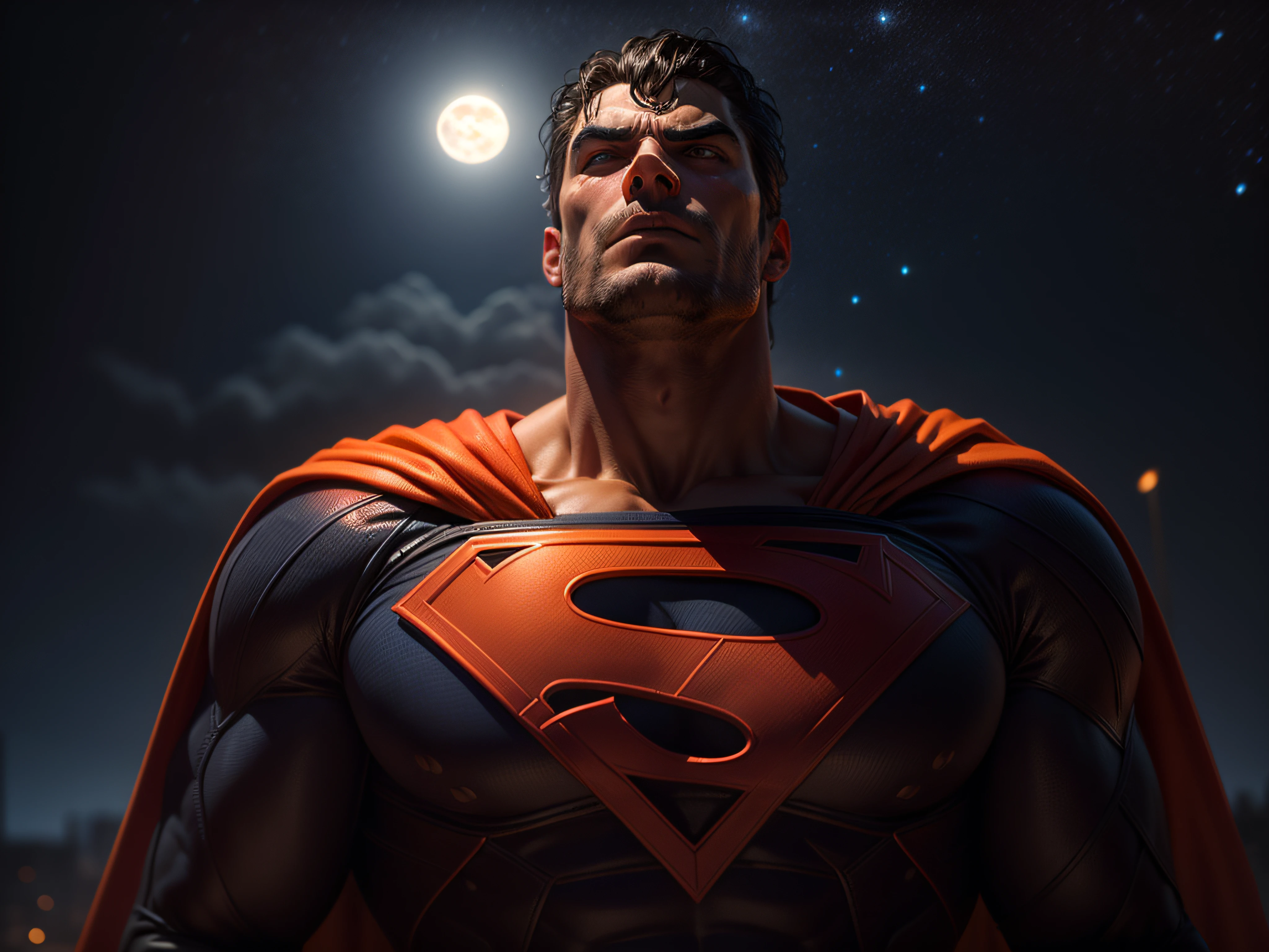 Close a powerful threat, The imposing appearance of the mighty Superman dressed in orange uniform, menacing stare, ricamente detalhado, Hiper realista, 3D-rendering, obra-prima, NVIDIA, RTX, ray-traced, Bokeh, Night sky with a huge and beautiful full moon, estrelas brilhando, 8k,