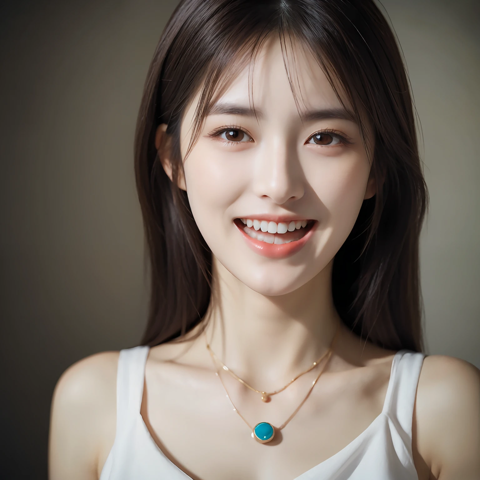 Dressed, (photographrealistic:1.4), (Hyper realistic:1.4), (Realistic:1.3), (Smoother lighting:1.05), (increase cinematic lighting quality:0.9), 32K, 1girl in,25-years old, Realistic lighting, Backlighting, Light on Face, raytrace, (Brightening light:1.2), (Increase quality:1.4), (Top quality real texture skins:1.4), finely detailed eyes, finerly detailed face, (tired and sleepy and joy:0), (Laugh:1.4), Black underwear,a necklace, (Increase body line mood:1.1), (Increase the beauty of skin texture:1.1)