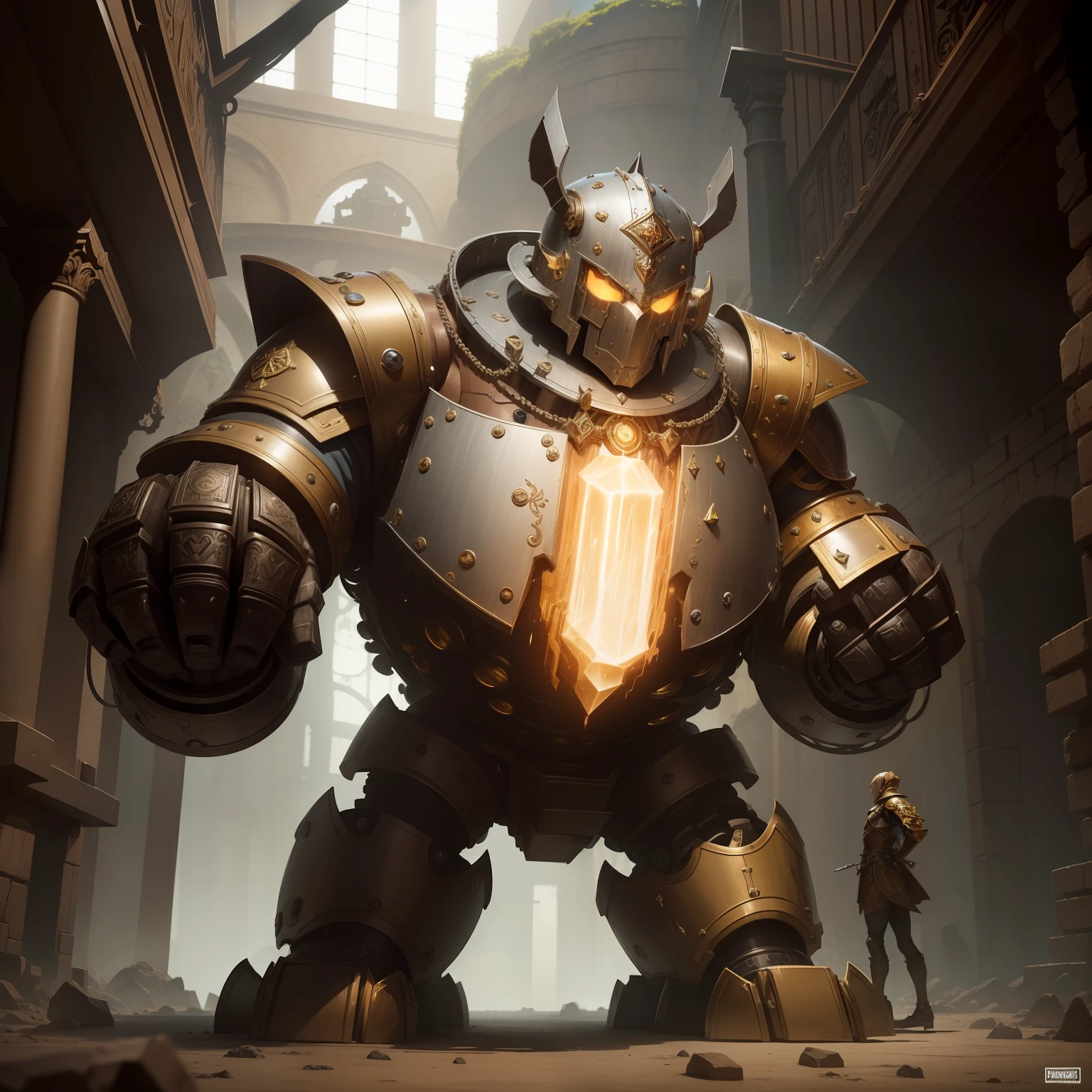 1 golem de metal grande forte com peito aberto e engrenagens steampunk a mostra, mecanimos internos de funcionamento, fantasia sombria