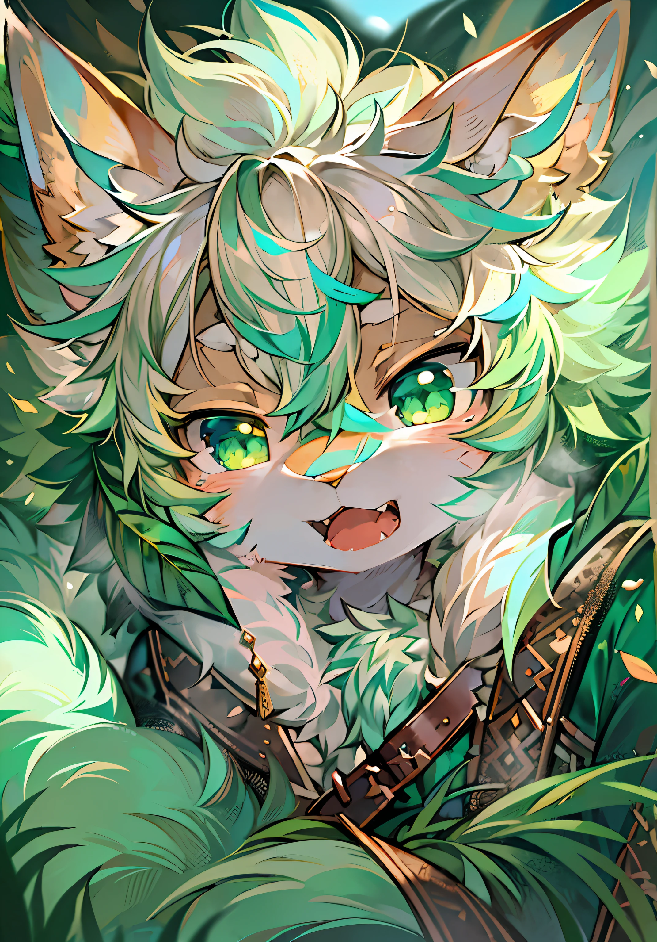 Masterpiece,High quality,abstract res,Digital painting\(artwork of a\), author:Wolf Soul, Yupa,Kiyosan,(anthro,Fluffy fur,Character focus:1.1),anthro male cat,Portrait , eyes with brightness, in a panoramic view, Character focus.(detailedbackground:0.7), 独奏, shaggy, shaggy male, ,malefocus, Robust,Strong anthrax(Full Body Furry, It has a fluffy tail,With a green pattern, White fur, Dark green eyes), (Long felines、Dark green ears、Beige tail、It has a light green smoky pattern on its body、Beige hair、The tail has a dark green pattern),(External、In the daytime、clear skies)