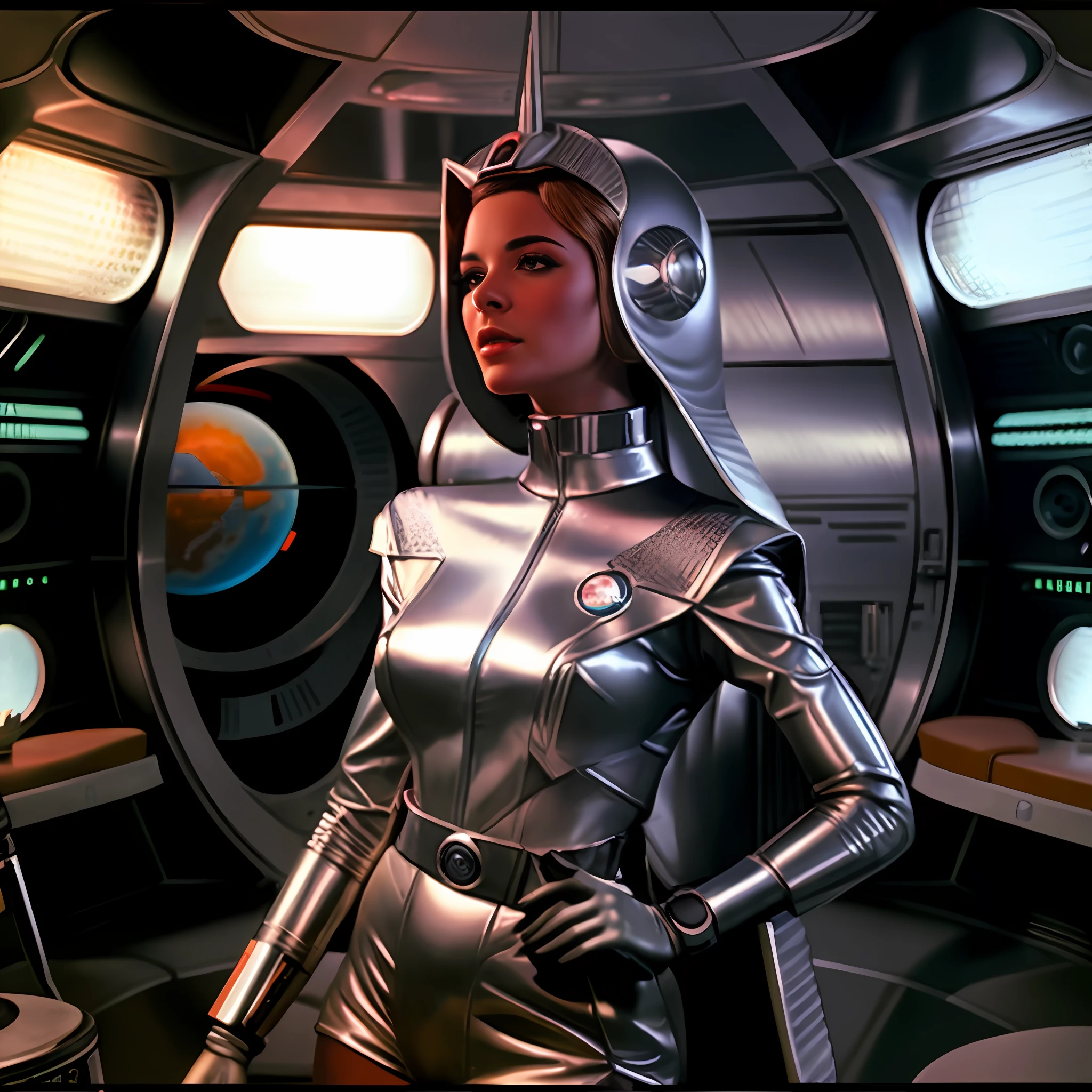um close up de uma mulher em um capacete segurando um controle remoto, as a retro futuristic heroine, Retro Sci - Imagem de FI, as a retrofuturistic heroine, 7 0's vintage sci - estilo fi, 1 9 6 0 s menina espacial, androide feminino retrofuturista, Retrato de uma mulher sci - fi, Retro 1 9 6 0 S Sci - Art of Fi.