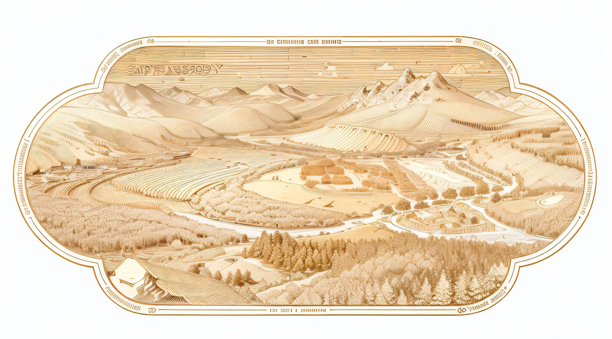 Close-up of gold coins with pictures of landscapes, engraved highly detailed, etching render, Detailed scenery —width 672, highly detailed carvings, engraved vector, grain, Terrain scanning, highly detailed etching, Landscape view, Detailed landscape, japanese wood cut, etched relief, scenery art detailed, engraved texture, very very very highly detailed