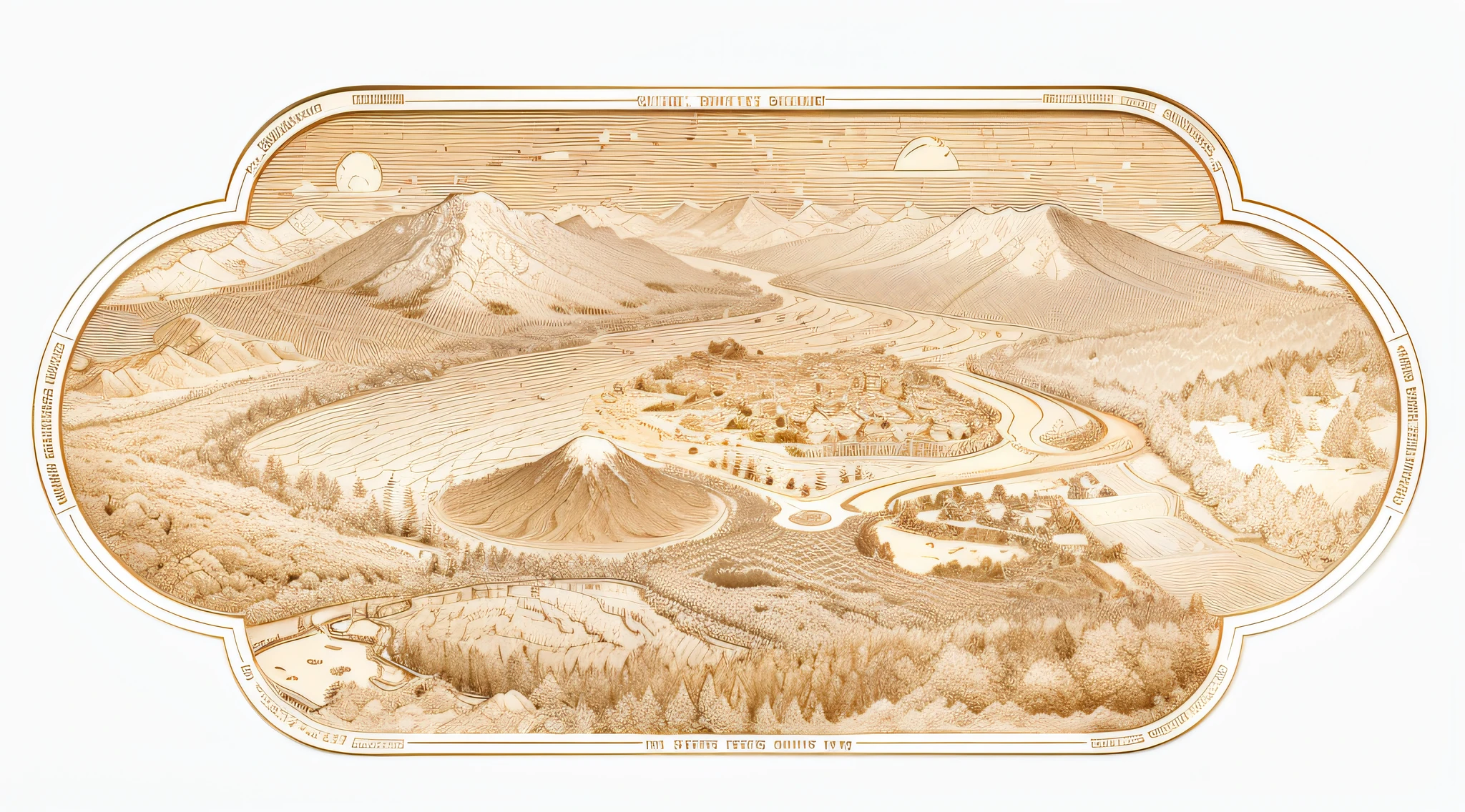 Close-up of gold coins with pictures of landscapes, engraved highly detailed, etching render, Detailed scenery —width 672, highly detailed carvings, engraved vector, grain, Terrain scanning, highly detailed etching, Landscape view, Detailed landscape, japanese wood cut, etched relief, scenery art detailed, engraved texture, very very very highly detailed