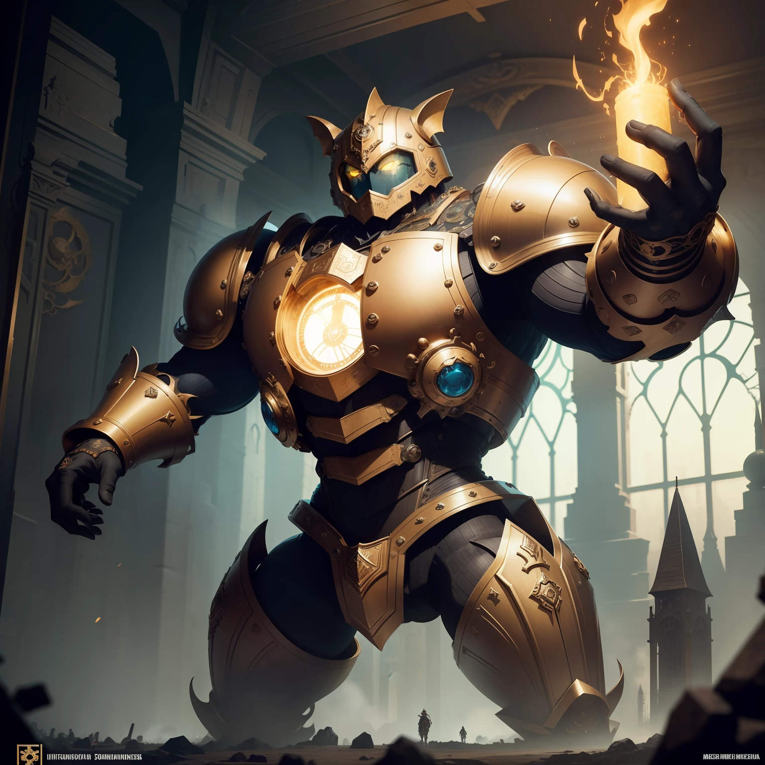 1 golem de metal grande forte com peito aberto e engrenagens steampunk a mostra, mecanimos internos de funcionamento, fantasia sombria