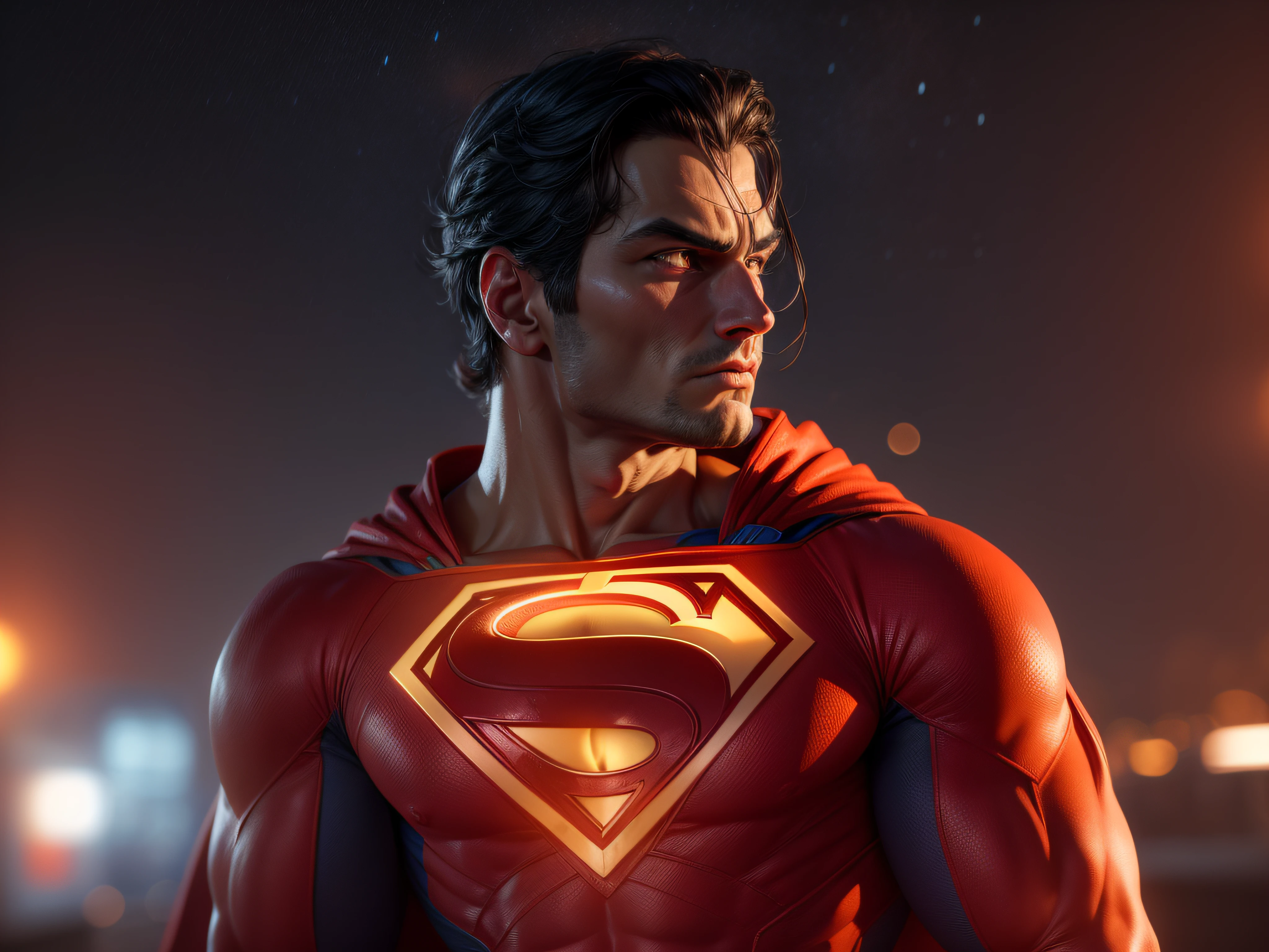 Close a powerful threat, The imposing appearance of the mighty Superman dressed in orange uniform, menacing stare, ricamente detalhado, Hiper realista, 3D-rendering, obra-prima, NVIDIA, RTX, ray-traced, Bokeh, Night sky with a huge and beautiful full moon, estrelas brilhando, 8k,