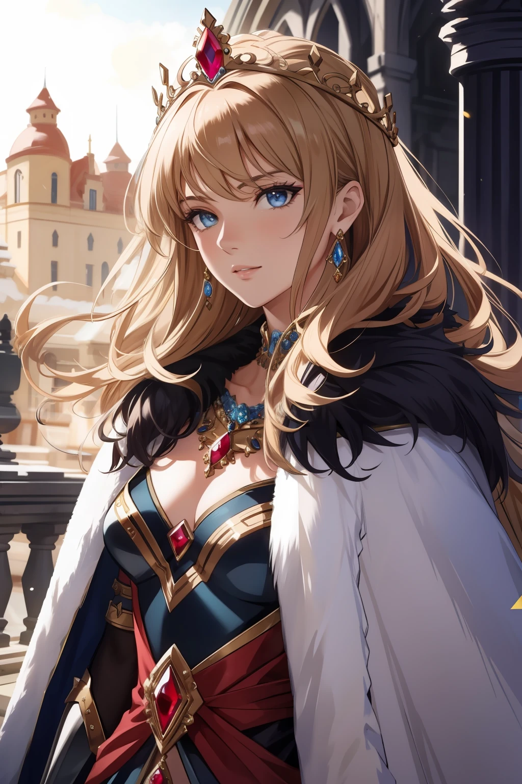 （tmasterpiece，top-quality，best qualityer，offcial art，Beauty and aesthetics：1.2），（1girl），（warrior queen armor，Fur cape，Bejeweled Crown：1.2），stately