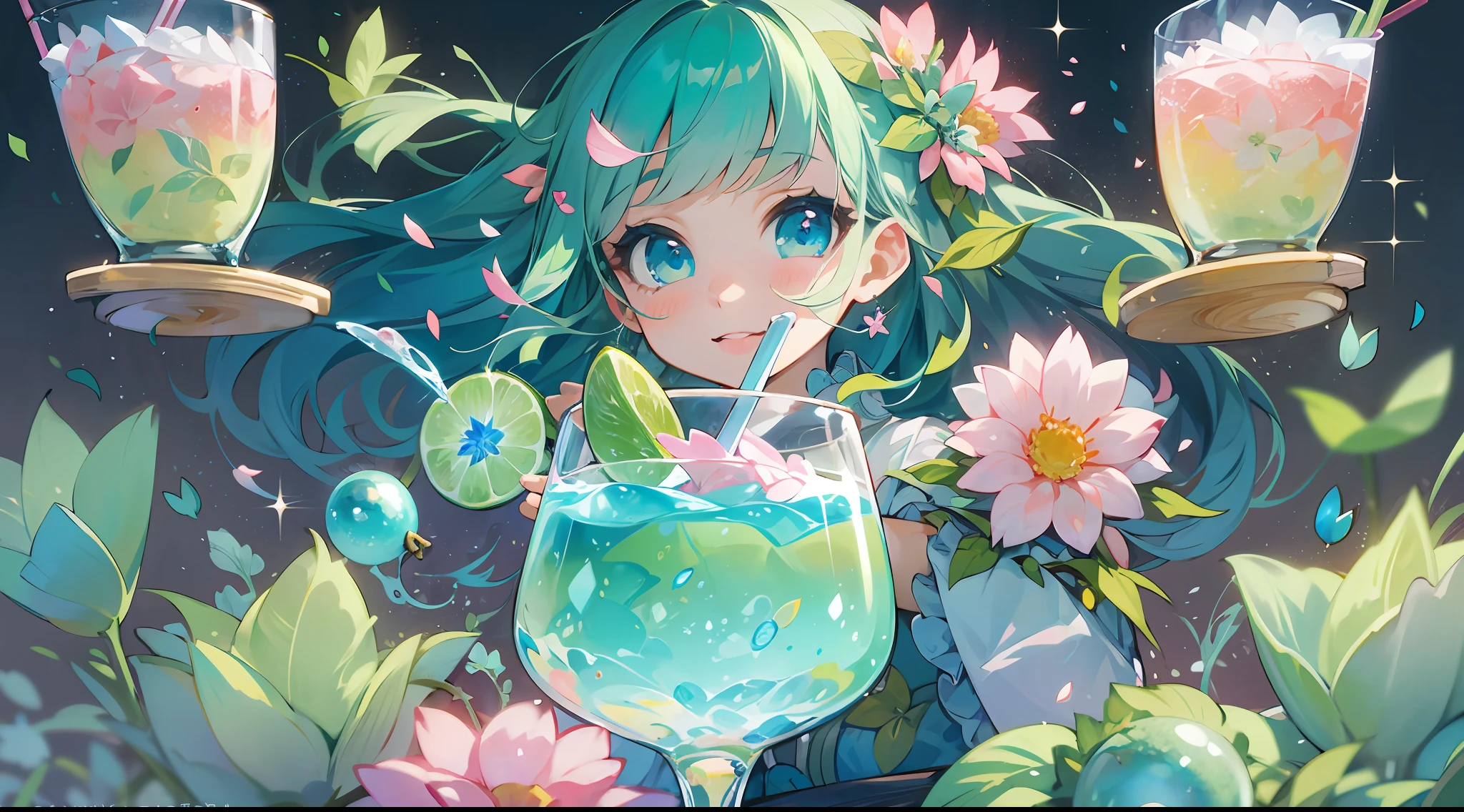A kawaii girl is pouring a cocktail with a flourish, petals of blue and green cascading around her as she creates a dazzling display.