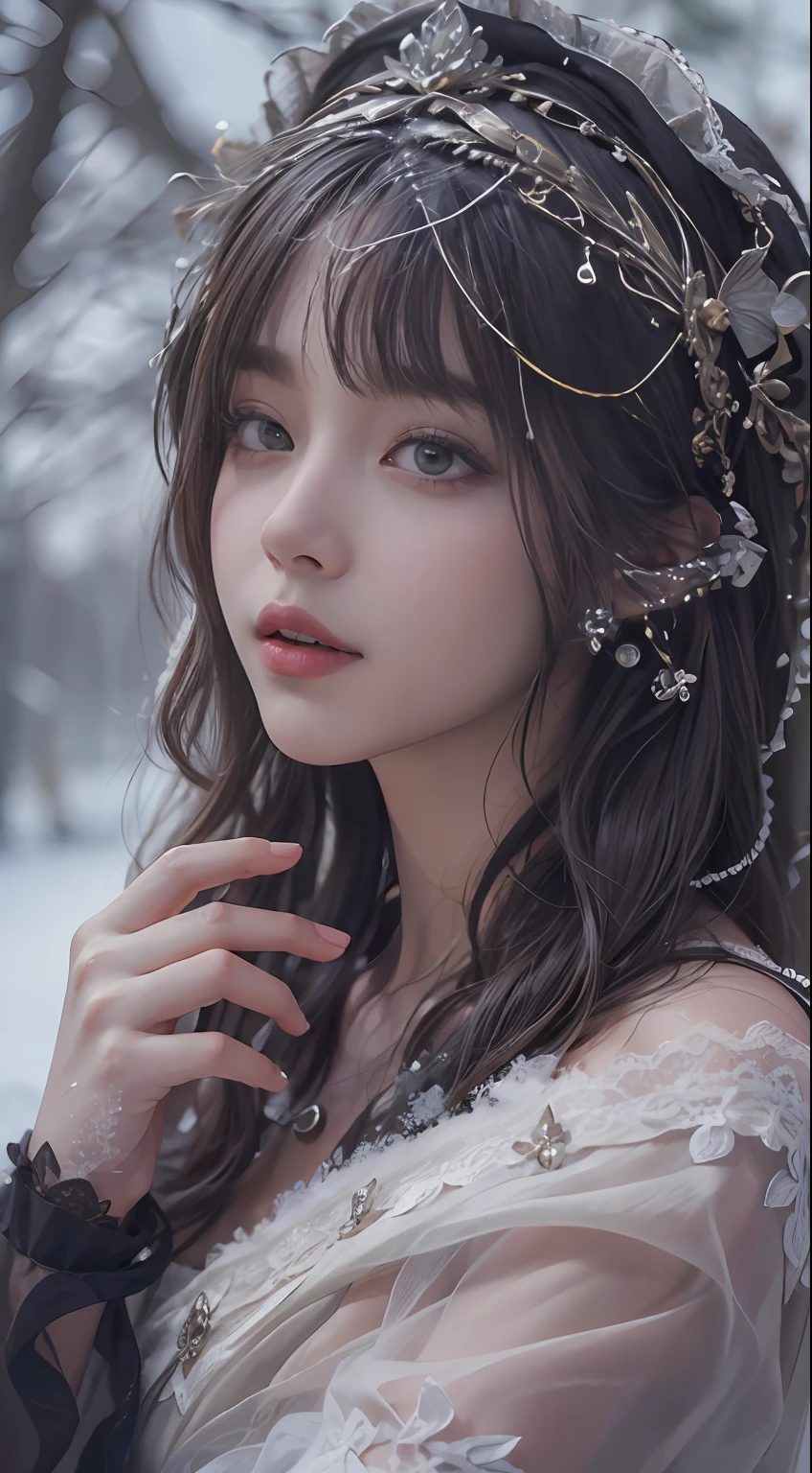 (8K,RAW photos, best qualtiy, tmasterpiece:1.2),(realisticlying, photograph realistic:1.4),Hide your face with sadness,
Lolita costume,Lace, Aerith Gainsborough, The upper part of the body,upper legs,Lace, undergarments,exposed bare shoulders, do lado de fora, (outside,Covered with snow,cloaks,) high high quality, Adobe Lightroom, highdetailskin, looking at viewert,