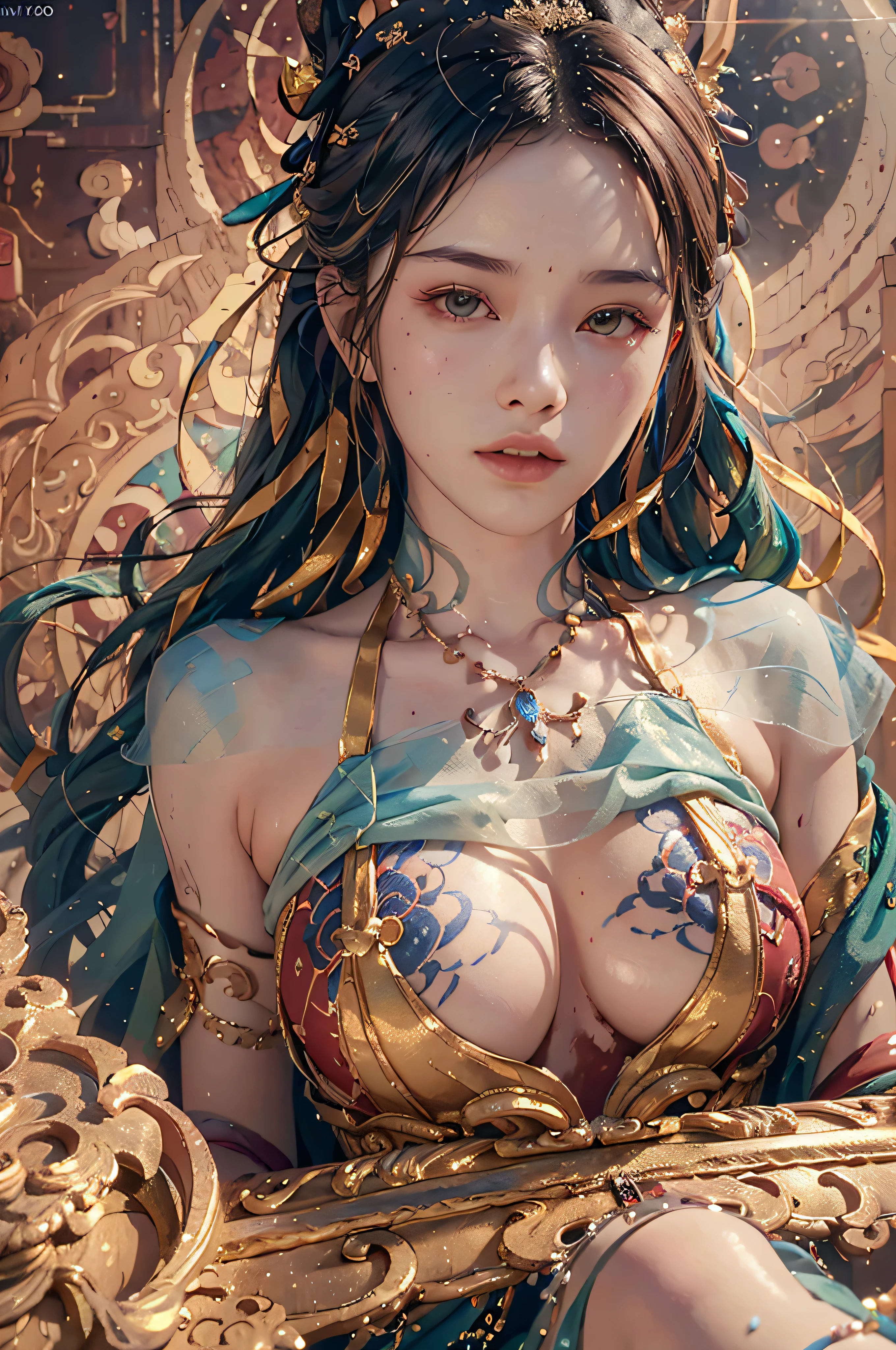 (RAW photo, best quality), (realistic, photo-realistic:1.3),best quality,highly detailed,masterpiece,ultra-detailed,illustration,1girl,upper_body,dynamic angle,world masterpiece theater,messy_long_hair,best quality,extremely detailed CG unity 8k wallpaper,ink,Amazing,cinematic lighting,lens_flare,,dunhuang_style