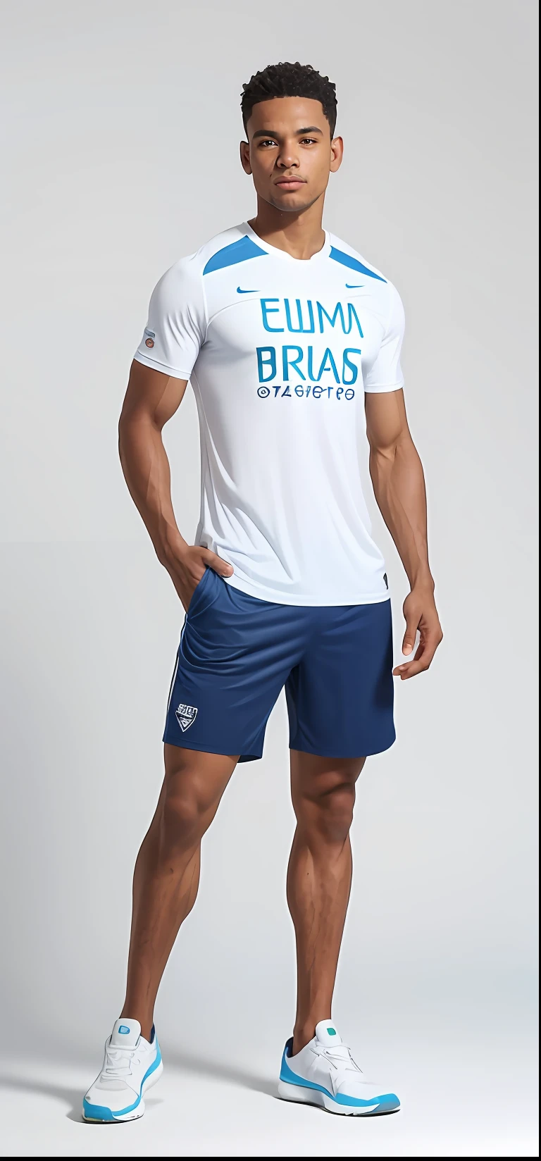 Um homem ((( loiro sueco))) Atletico slim in white shirt and blue shorts standing, pele clara uma camiseta e shorts, vestindo bermuda e camiseta, athletic shorts, Homem de Branco Camisa, sport shorts, vestindo shorts, navy blue shorts, vestindo uma camiseta, Bermudas, vestido com uma camiseta branca, com dois bolsos frontais, tennis wear, Directed by: Lee Jeffries
