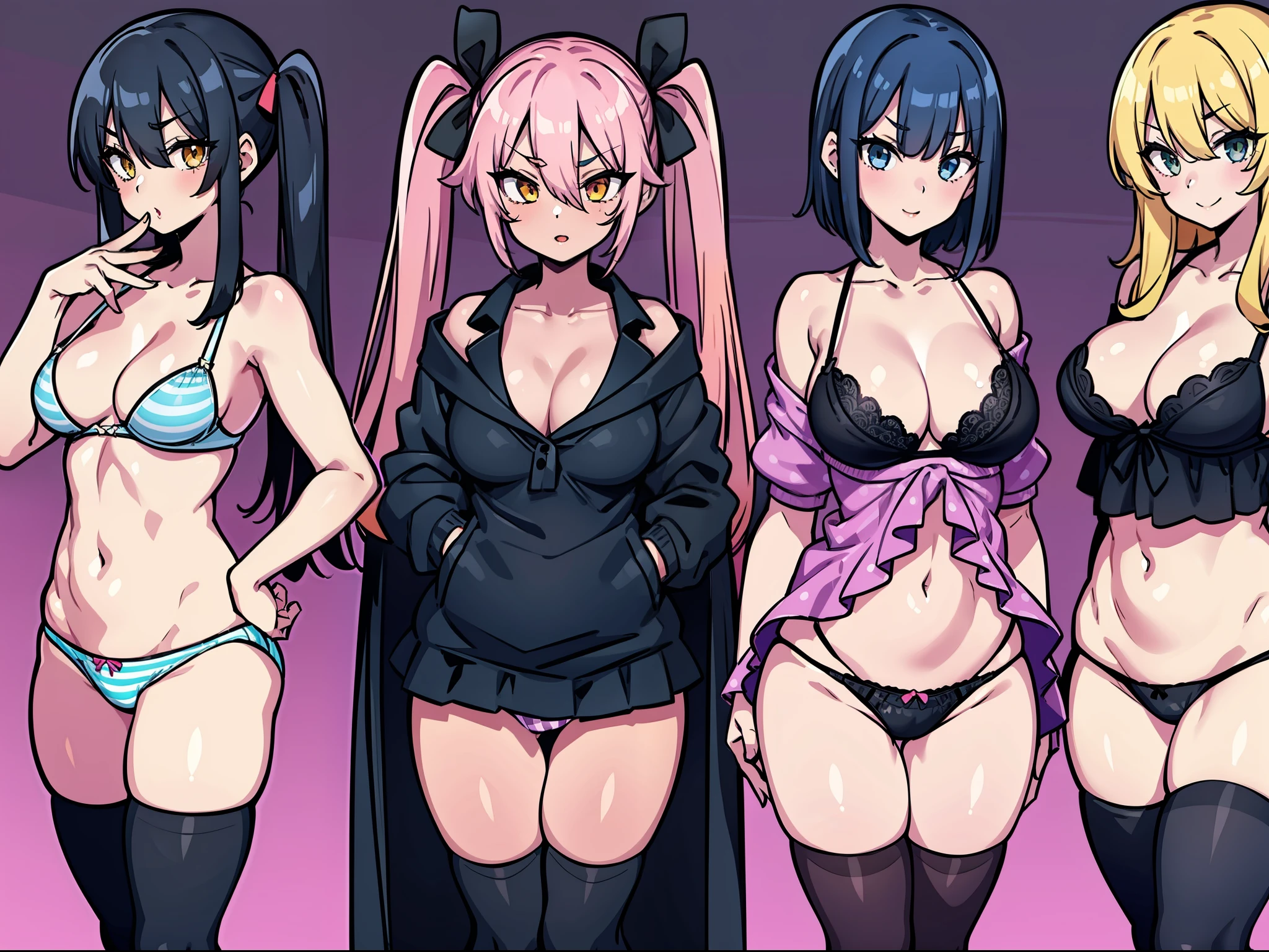 4girls, black bra, black legwear, black panties, blonde hair, blue eyes, blue hair, blush, bra, breasts, brown eyes, brown legwear, cleavage, collarbone, green eyes, hair ribbon, hand on hip, height chart, lineup, long hair, looking at viewer, medium breasts, multiple girls, navel, one eye closed, open mouth, panties, pink hair, polka dot, red hair, ribbon, shoes, short hair, small breasts, smile, socks, standing, striped, striped panties, thighhighs, twintails, underwear, underwear only, vertical stripes, yellow eyes