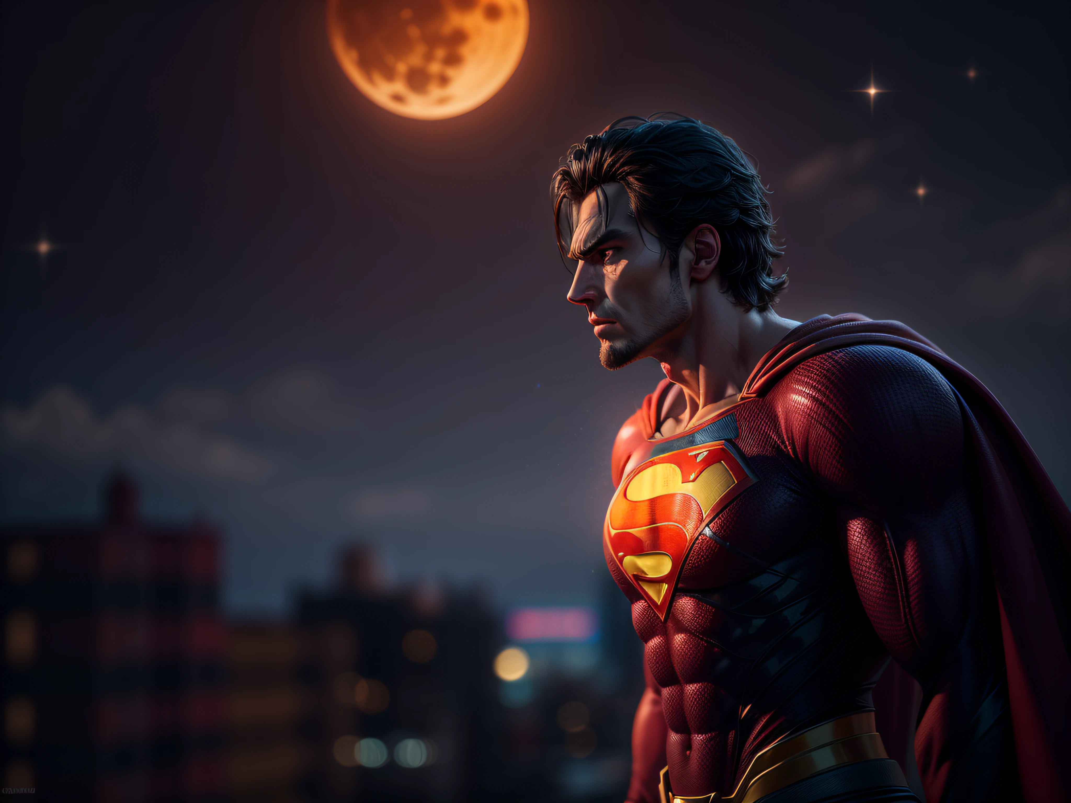 Close a powerful threat, The imposing appearance of the mighty Superman dressed in orange uniform, menacing stare, ricamente detalhado, Hiper realista, 3D-rendering, obra-prima, NVIDIA, RTX, ray-traced, Bokeh, Night sky with a huge and beautiful full moon, estrelas brilhando, 8k,