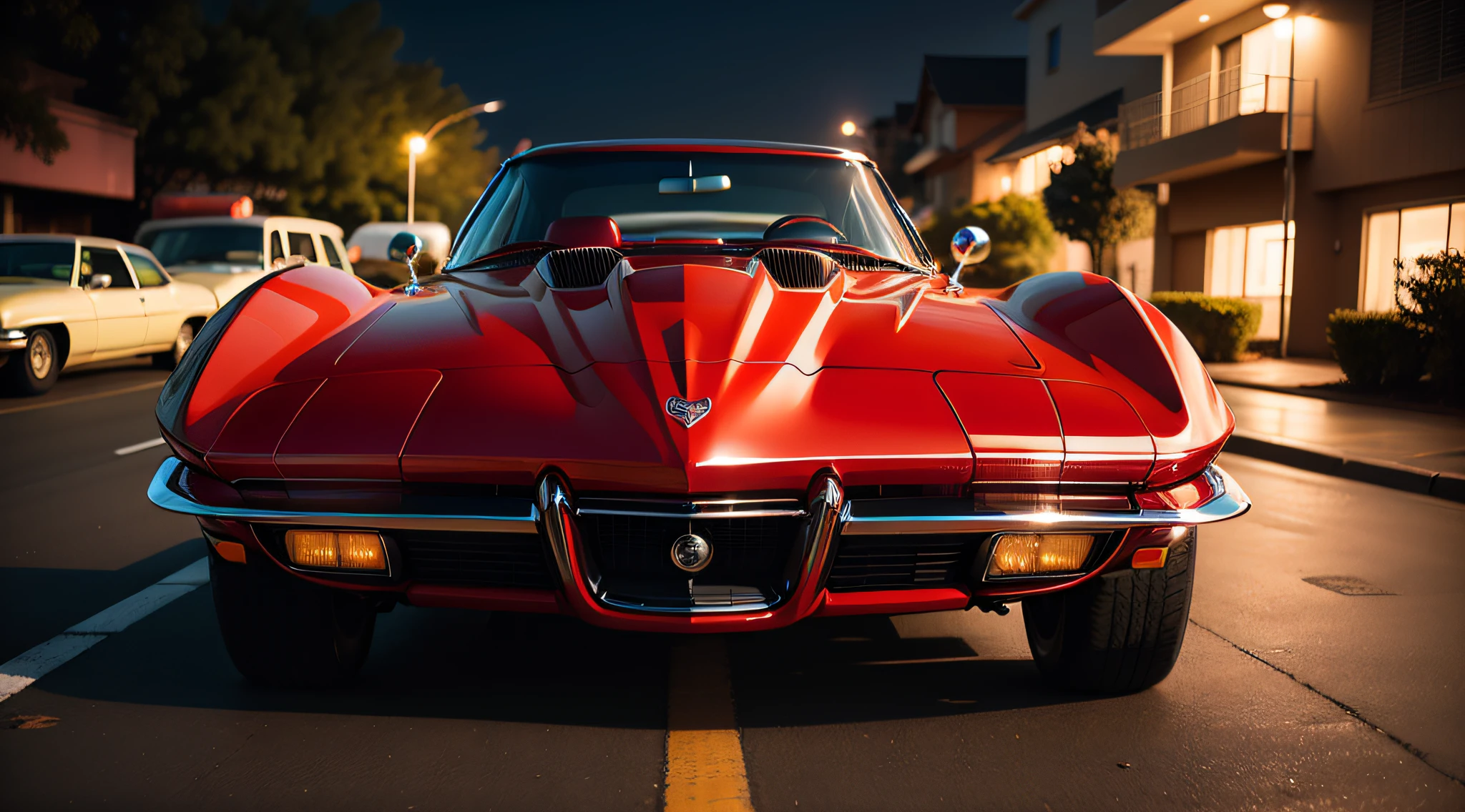 analog photo of a deep red 1968 Chevrolet Corvette C3 Stingray. The photo is taken from the center front of the car at night. Lights on. with a old pentax and a pro 50 mm lens, sharp focus, low contrast