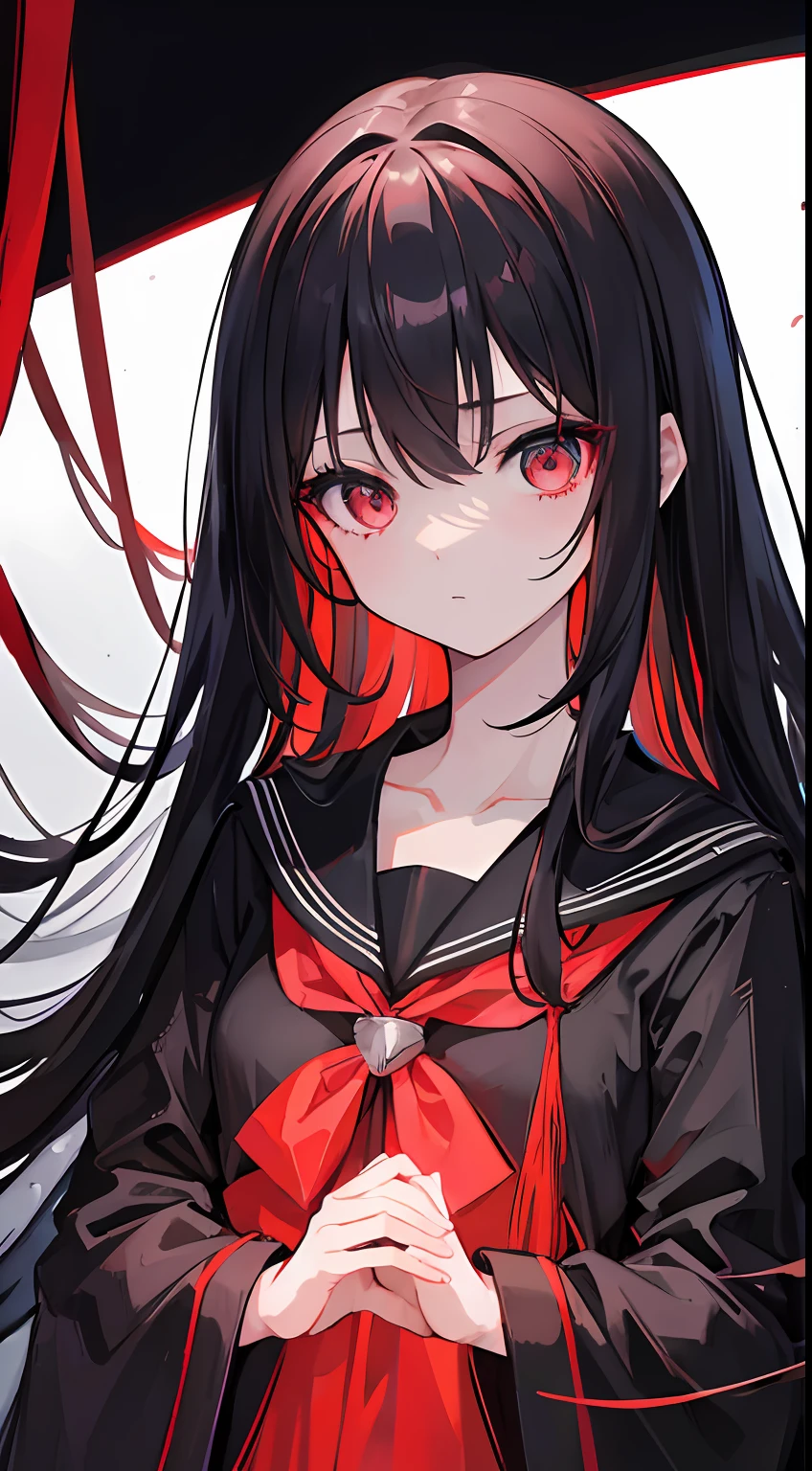 One girl、Hanging eyes、A dark-haired、Red、Straight face、Very long hair、darkened room、black backgrounds、terrifying、Luminous eyes、Black sailor suit、masterpiece、Top image quality、top-quality、