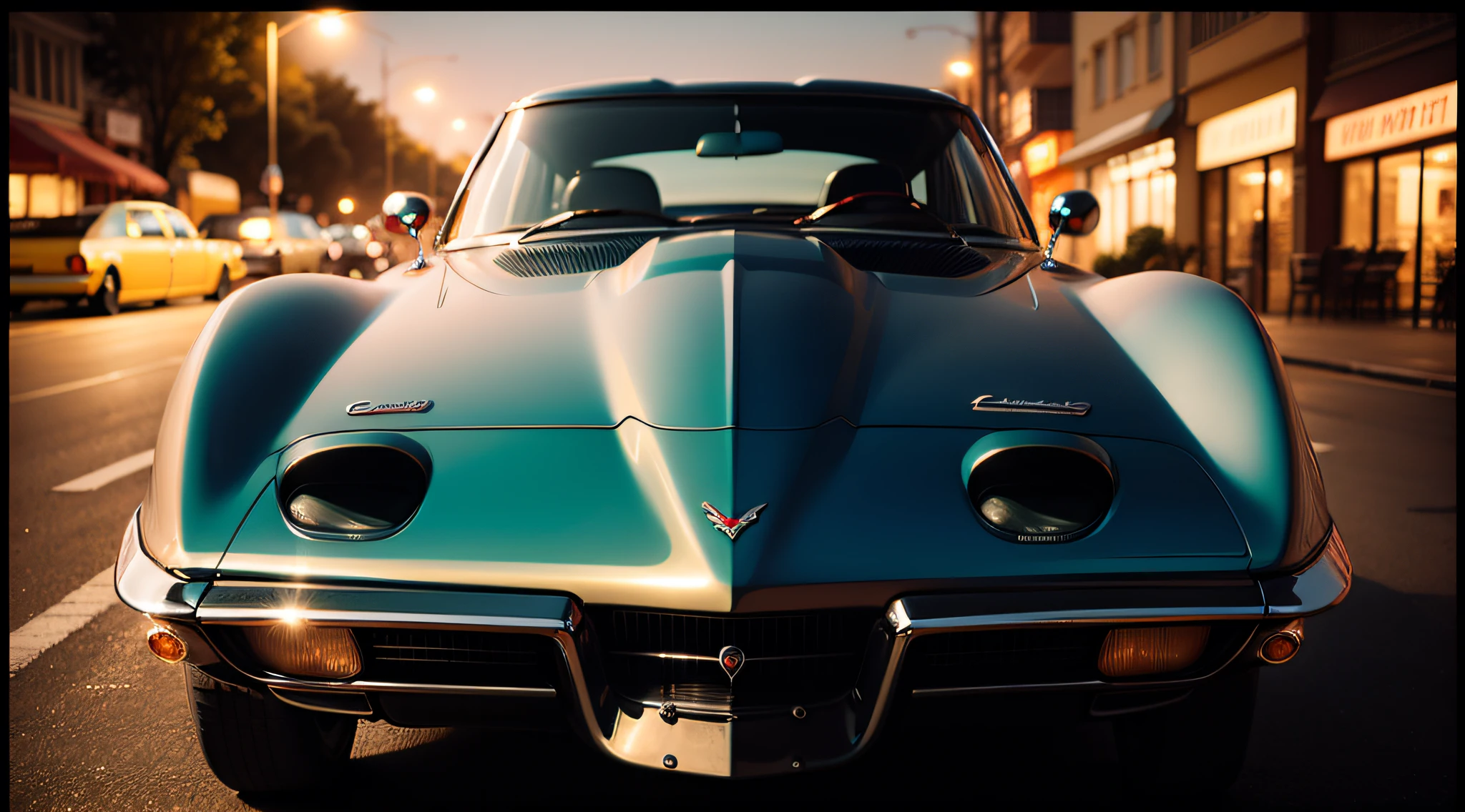 analog photo of a deep red 1968 Chevrolet Corvette C3 Stingray. The photo is taken from the center front of the car at night. Lights on. with a old pentax and a pro 50 mm lens, sharp focus, low contrast