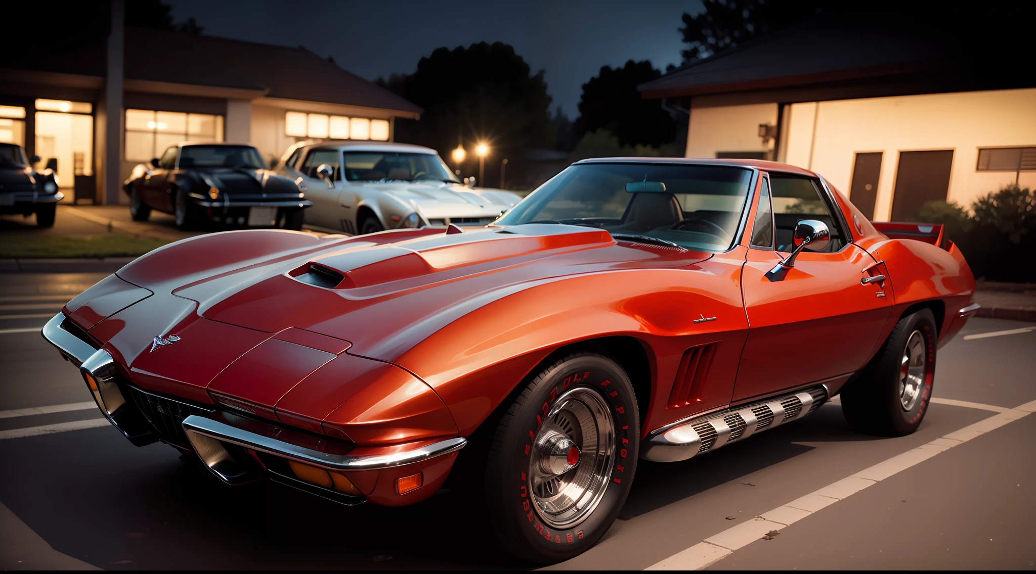 analog photo of a deep red 1968 Chevrolet Corvette C3 Stingray. The photo is taken from the center front of the car at night. Lights on. with a old pentax and a pro 50 mm lens, sharp focus, low contrast