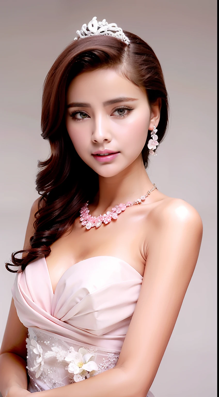 Fashion model 18 years old [[[[closeup cleavage]]]], [[[[boobgasm]]]], [[[[coll]]]], [[[[bshoulders]]]], perfect  eyes, Perfect iris，perfect lips，perfect teeth，Perfect skin，Long face，Soft front light，HDR，Pink clothing，White or pink flowers on the background，（pastel colour：1.2）