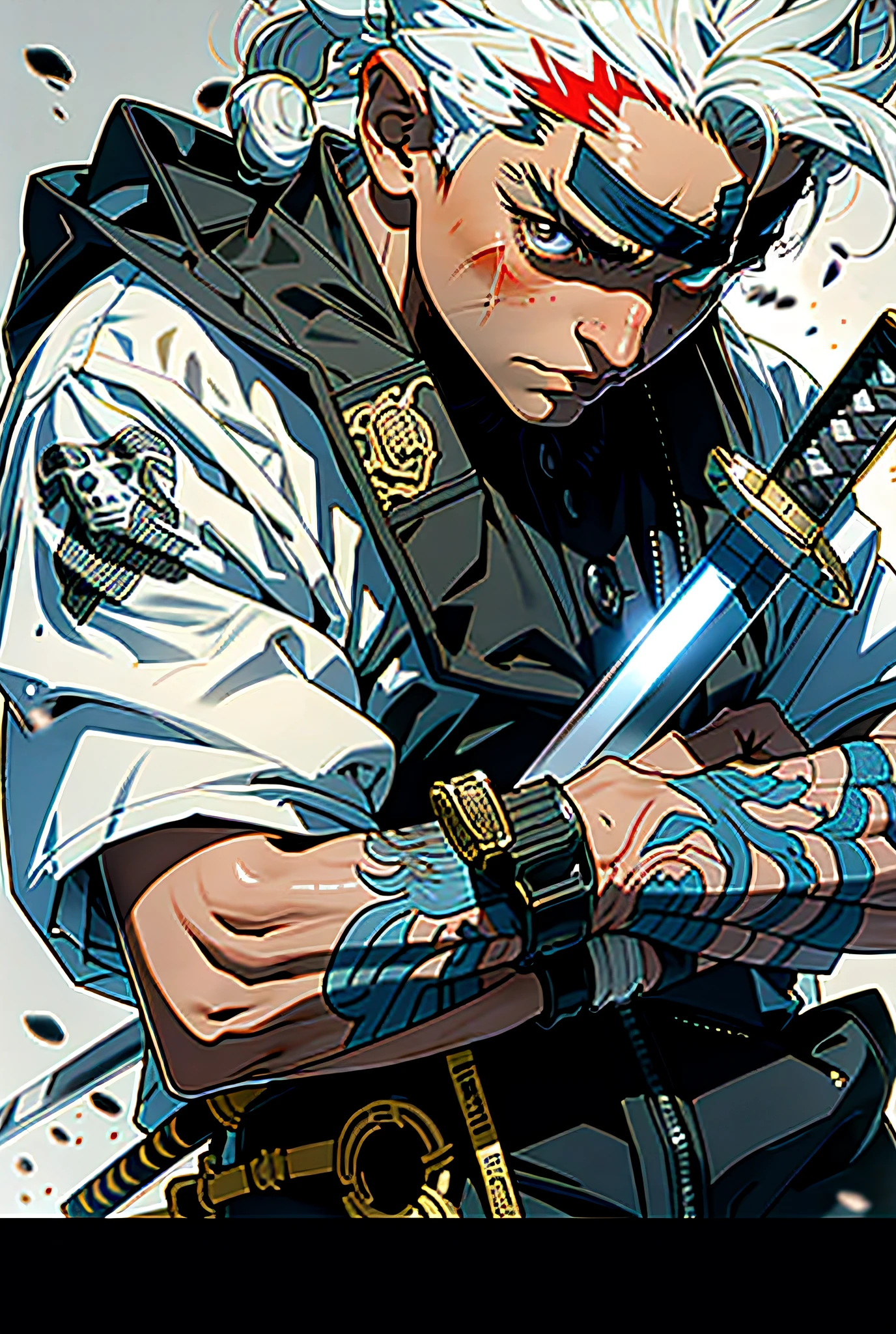 sword, weapon, katana, sheath, male_focus, sheathed, scabbard, bandages, 1boy, headband, white_hair, solo, weapon_on_back, ready_to_draw
