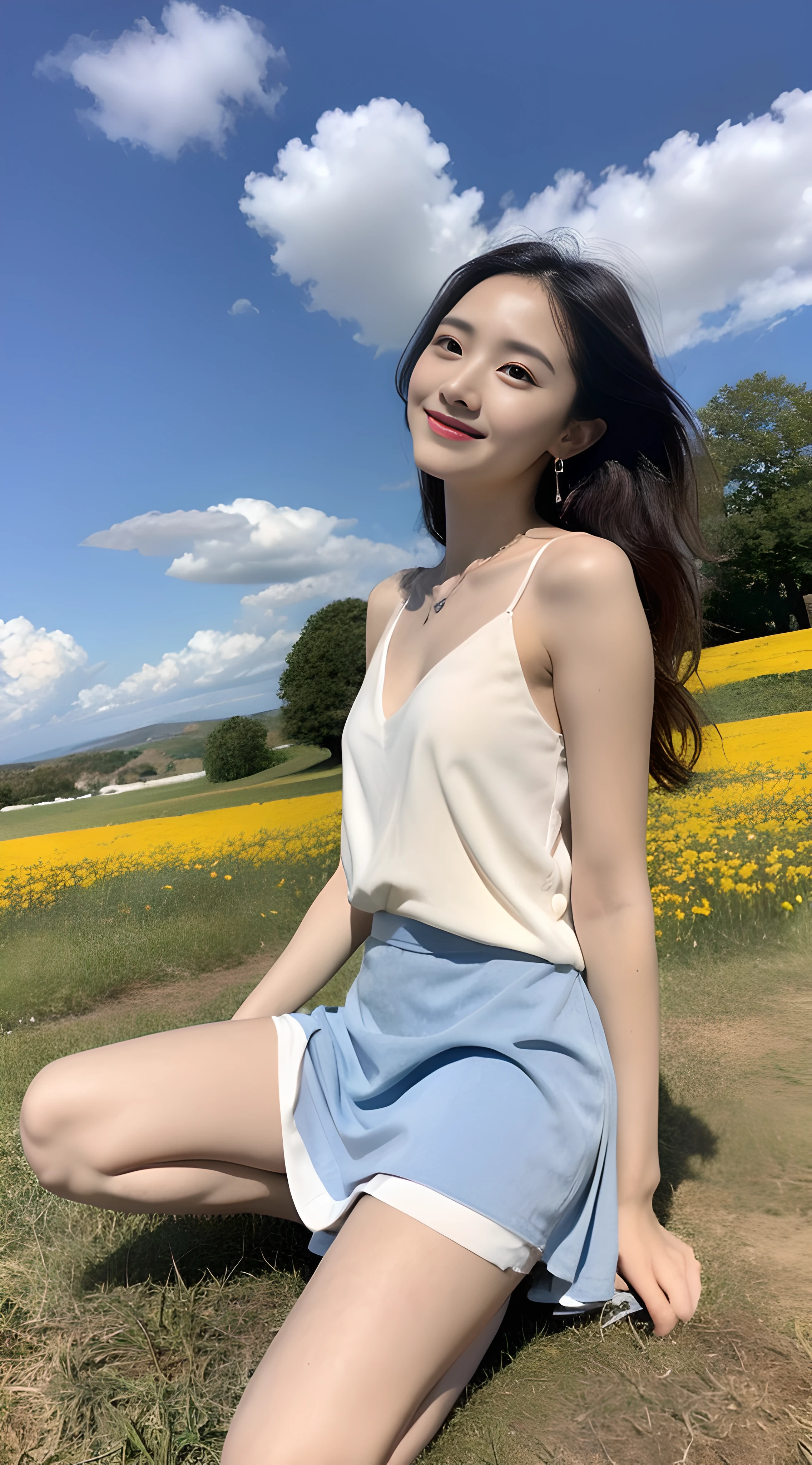 a young, Beautiful cute girl,Full body photo,Extremely beautiful and delicate,Black color hair,A sweet smile,Delicate and beautiful fair skin,Realistic and realistic,exquisite and complete facial features,Detailed depiction of the face,tall nose bridge,Smooth hair,extremely detail hair,Feminine temperament,Fill your face light,Tall and tall,Thin,Realiy,Hyper-realism,Platform sandals,full body shot shot,Forward tilt angle,Extreme picture quality,Highest precision,Precise and perfect human anatomy。with blue sky and white clouds,Sitting on the Steppe,with blue sky and white clouds,rays of sunshine,Cows, sheeps, (White chiffon skirt)Panties are clearly visible. (telephoto shot,)Express the landscape,Highlight portrait。Wearing earrings