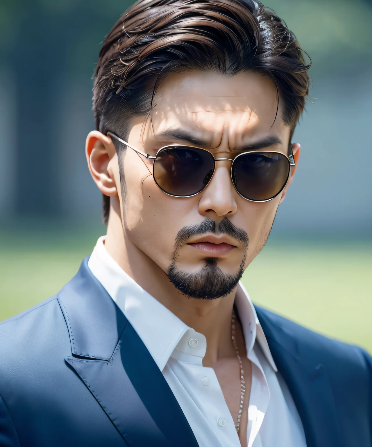 Persona cuts in at the speed line.、Torn、intricate detailes、Photorealsitic、动态照明、extremely detailed and lifelike、Reflective blue sunglasses、Menacingly sharp focus、Yakuza men、Looking down at the viewer smoking a cigar、Expensive clothes、Detailed body、A detailed face、serious facial expression、Texto、writing、epic poem、from the front side