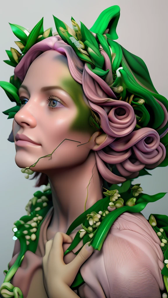 3d , imagem realistica de uma jovem com um lindo rosto e olhos verdes reias , cabelos castanhos lisos e com uma coroa de folhas realistica, pele perfeita roupas de tonalidades rosa suave imagem ultra realitica HDU