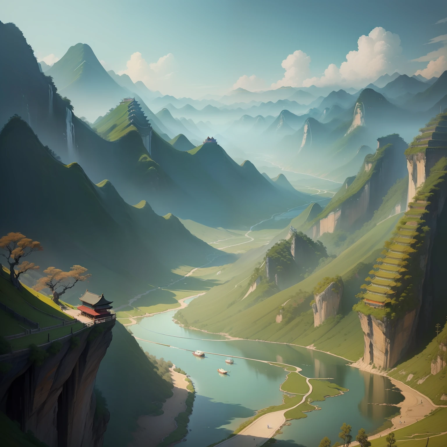 ((Chinese landscape painting+Freehand style:1.2), The river is endless,The sky is high, A lonely boat, Silence,The mountains are green and the water is blue, Sparkling, Tranquility)