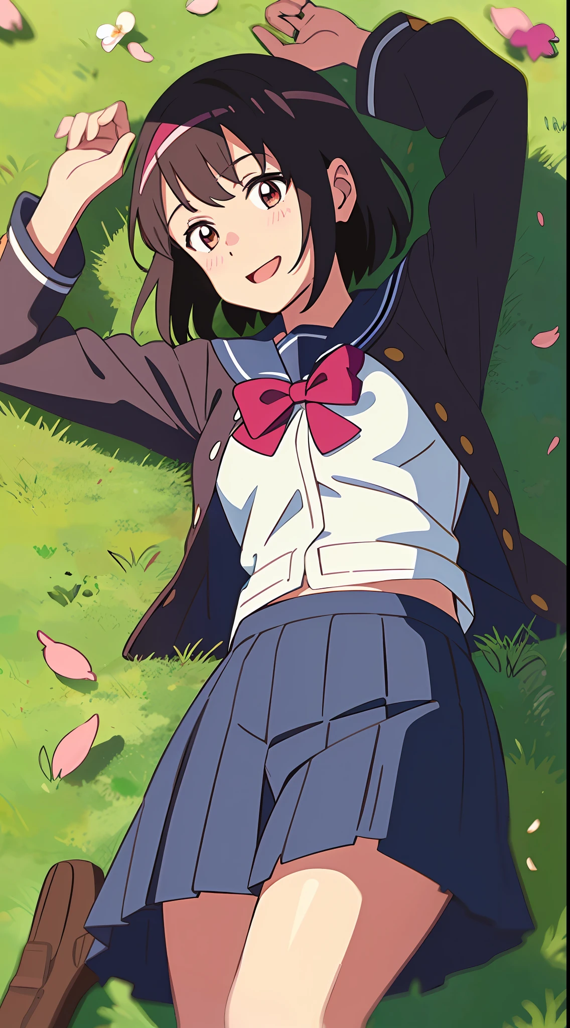 (Best Quality), 8K, (masterpiece:1.5), (Super Detail: 1), colorful, beautiful, (finely detailed beautiful eyes: 1), shinkai makoto, kimi no na wa., 1girl, bangs, black hair, blush, brown eyes, sailor collar, blue sailor collar, sailor color, white sailor color, serafuku, looking at the viewer, cowboy shot, red bow, red headband, red ribbon, school uniform, short hair, full body, medium breasts, smile, cute, solo focus, shirt, long sleeves, happy, open mouth, blue skirt, pink cardigan, open clothes, anime coloring, brown footwear, arms up, lying, lying on grass, grass, cherry blossom