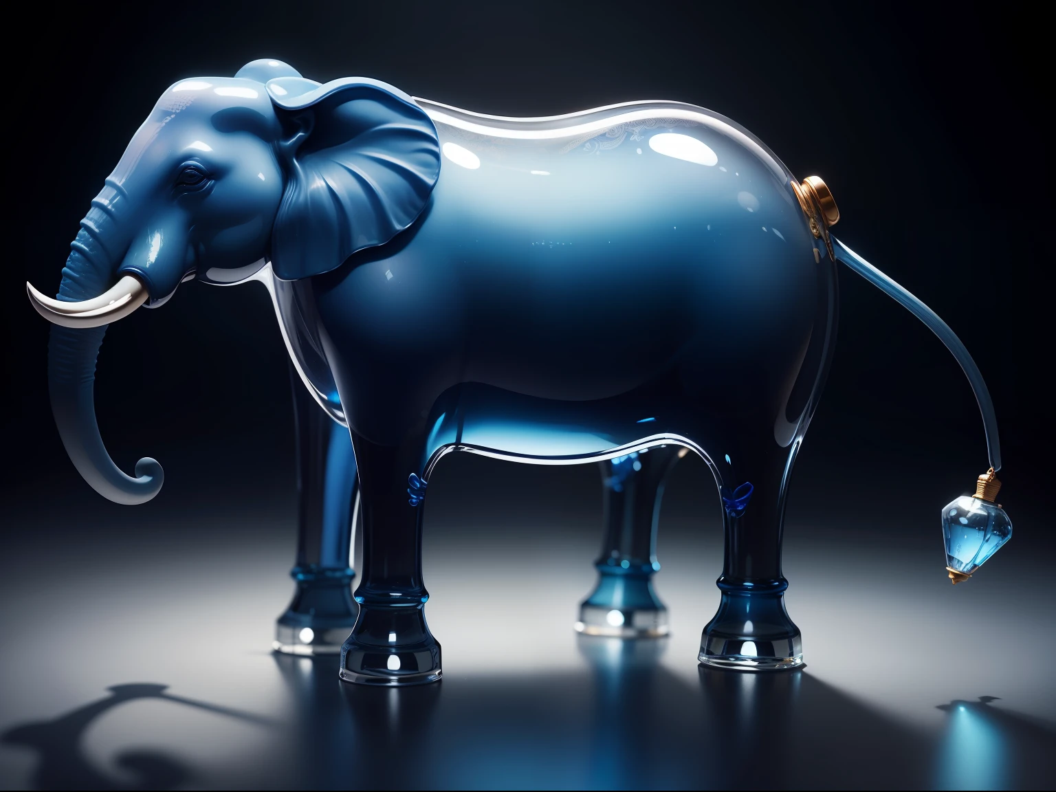 The elephant is made of high quality blue glass. Very detailed, beautiful.