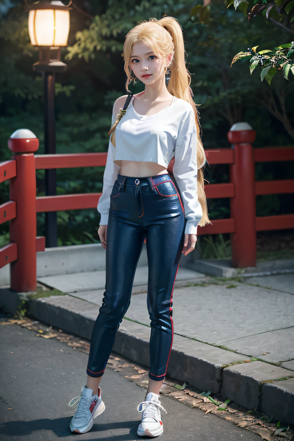 ((Blue Eyes)), smiley face, ((Sana Minatozaki)), ((Sana from twice)), ((wears red pants)), ((white shirt, black sneakers)), ((standing in a park Japanese night illuminated by traditional lanterns)), (Best Quality, 8k, Masterpiece: 1.3)) ), Clear Focus: 1.2, (Layered Cut, Large: 1.2), Perfect Body Beauty: 1.4, Slim Abs: 1.2, Body wet: 1.5, highly detailed face and skin texture, detailed eyes, double eyelids, ((blond ponytail hair with bangs)), long legs, wide hips, big breasts, beautiful tits