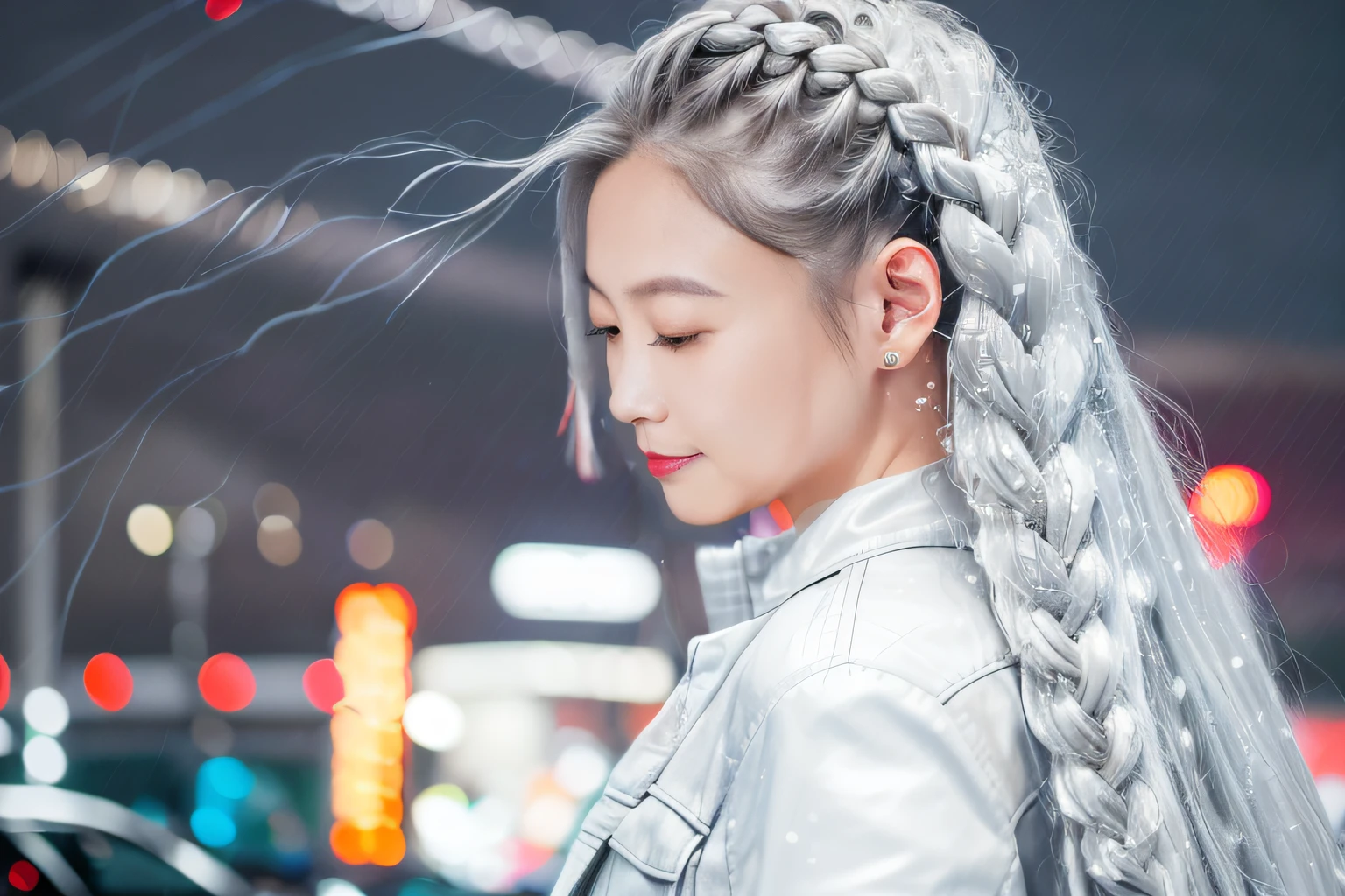 one-girl，The hair is braided in many small braids，silver grey，Free，Red motorcycle suit，the motorcycle，City lights，Cyberpunk night view，Water droplets splash everywhere, Scattering floating helix，The art of splashing。Delicate fair skin，Perfect chin