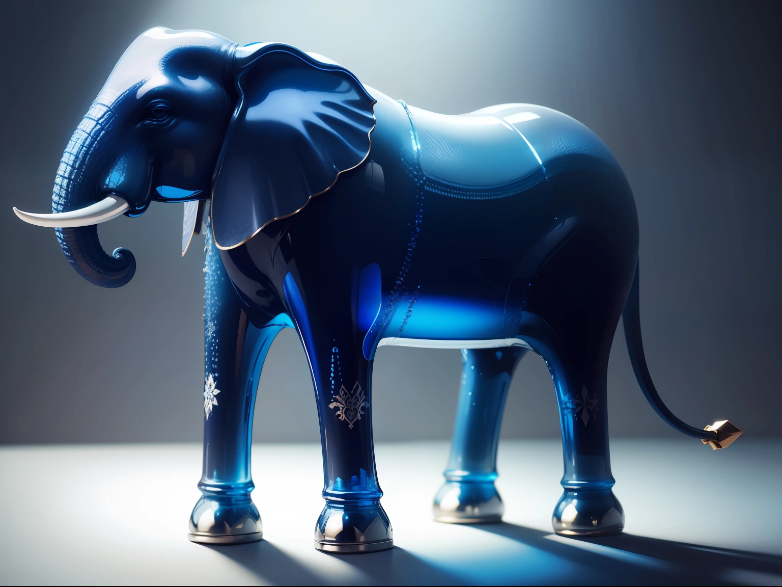 The elephant is made of high quality blue glass. Very detailed, beautiful.