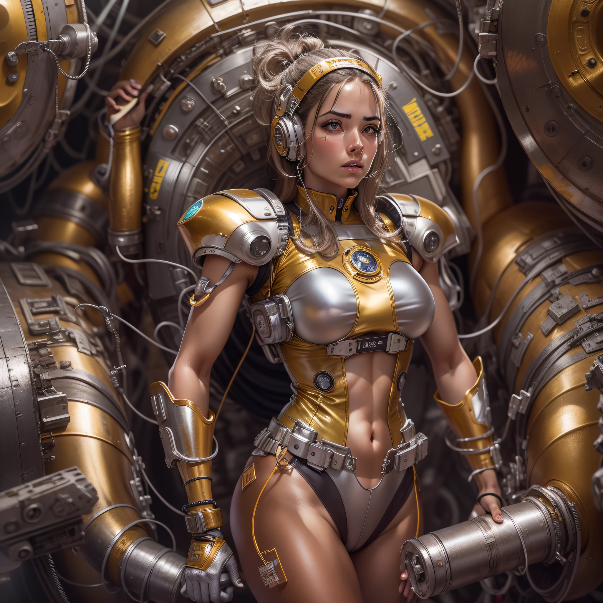mujer atletica y voluptuosa con uniforme a lascas de metal plata , oro y bronce con grandes ojos y piernas musculadas, cuenrpo entero, se encuentra en centro de control de nave espacial, con maquinarias , tubos, cables y tecnologia.